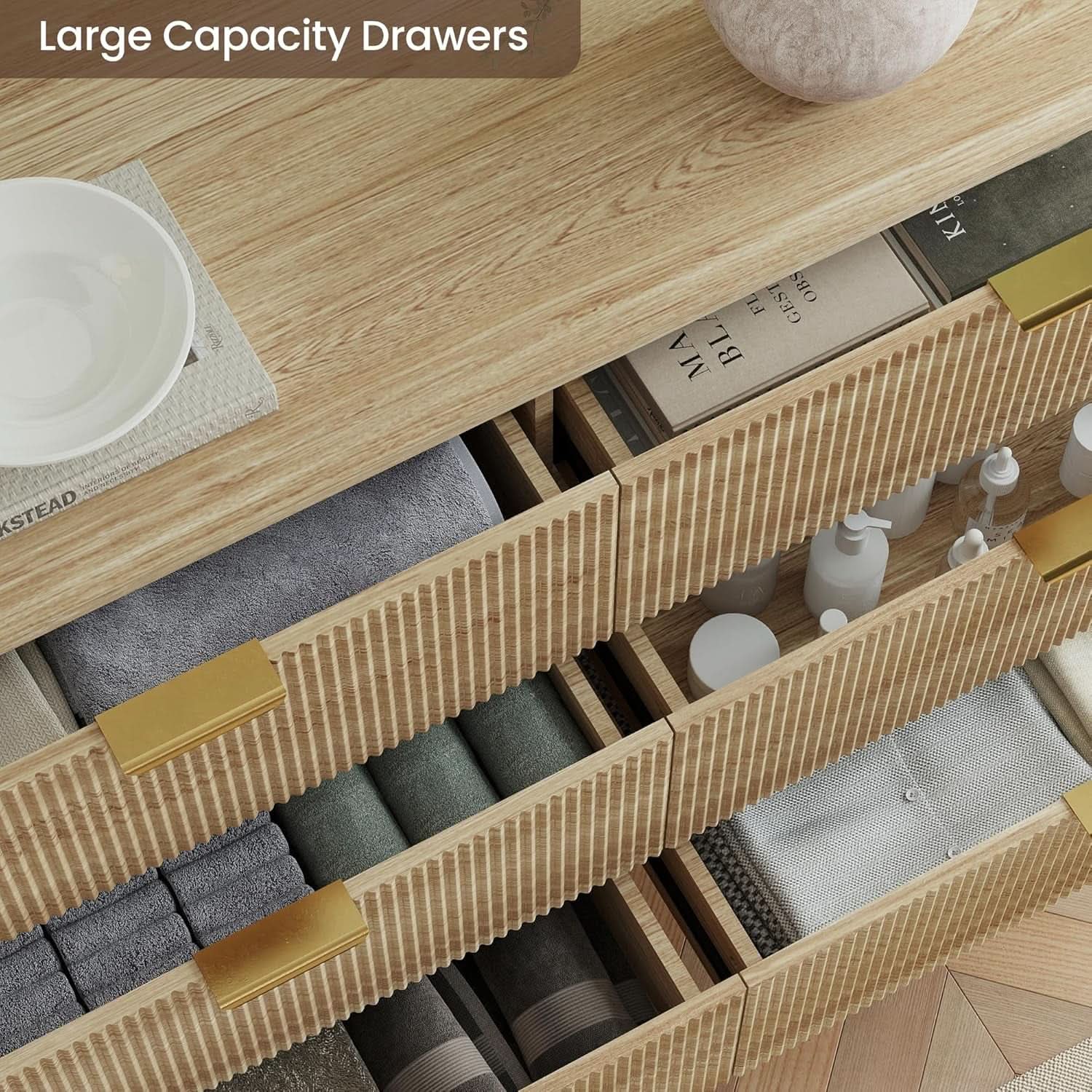 Fluted 49Inch Serpentine Dresser Oak Finish Contemporary