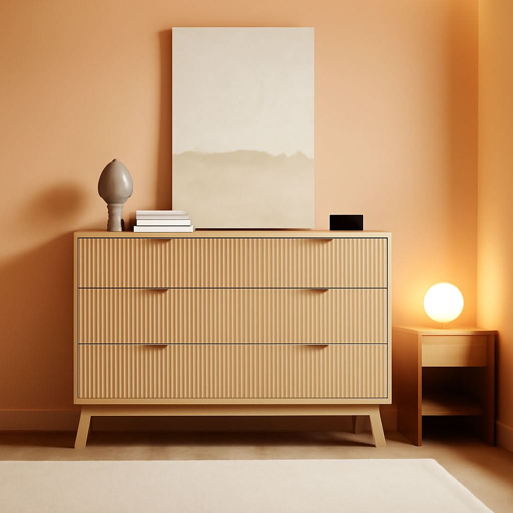 Fluted 49Inch Serpentine Dresser Oak Finish Contemporary