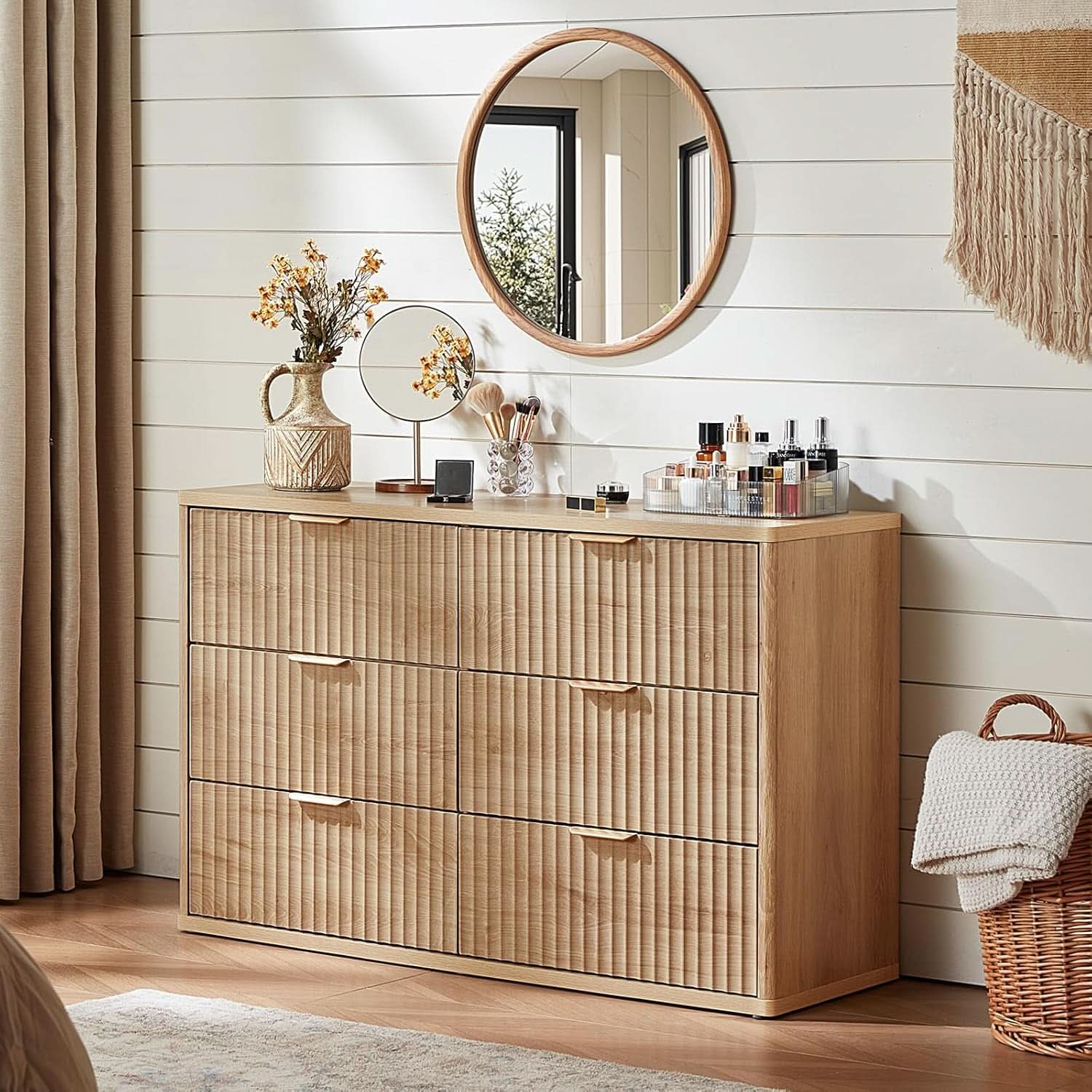 Fluted 6 Drawer Dresser 48 Inch Natural Wood Finish
