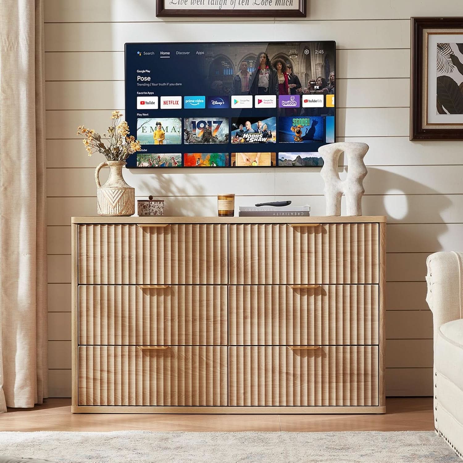 Fluted 6 Drawer Dresser 48 Inch Natural Wood Finish
