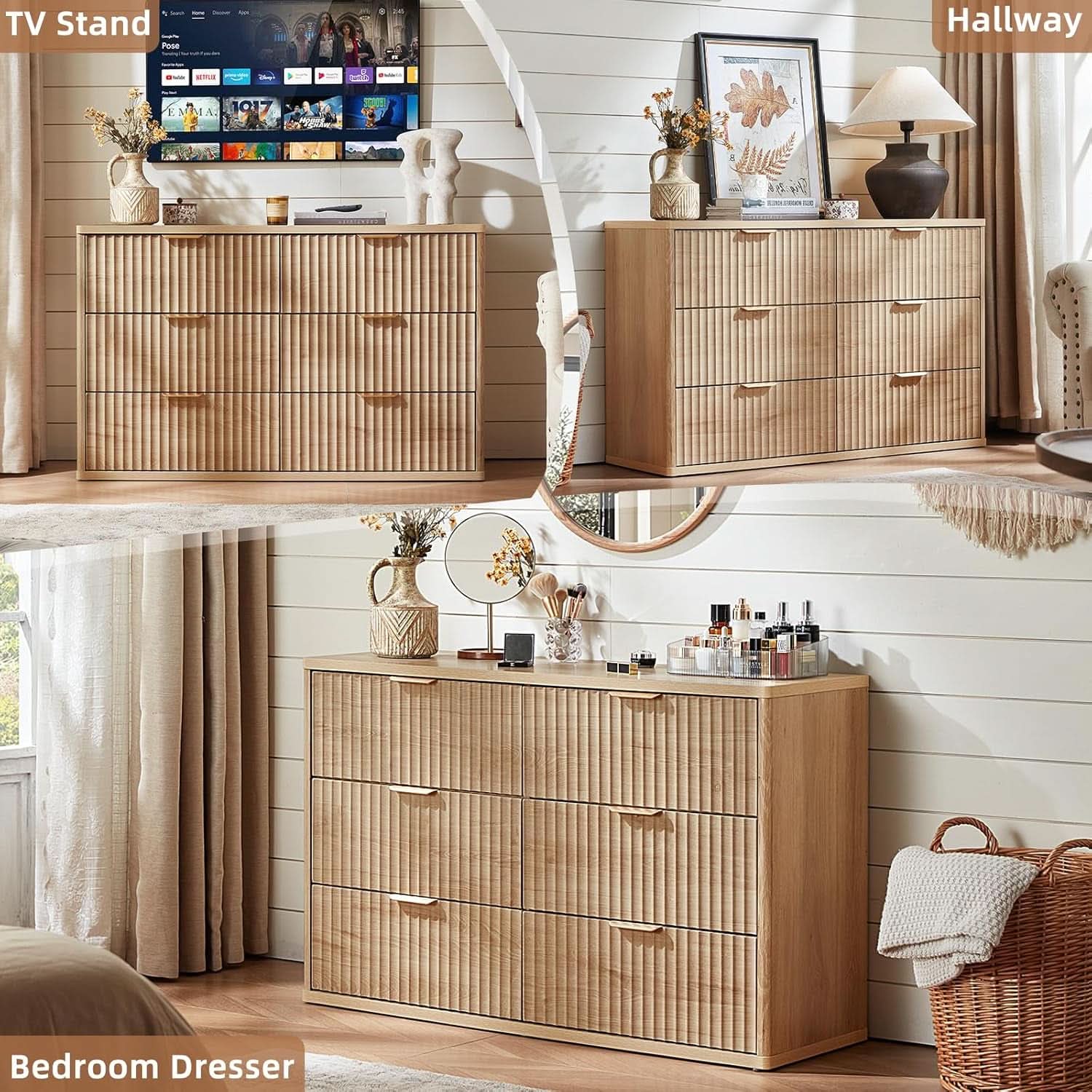 Fluted 6 Drawer Dresser 48 Inch Natural Wood Finish