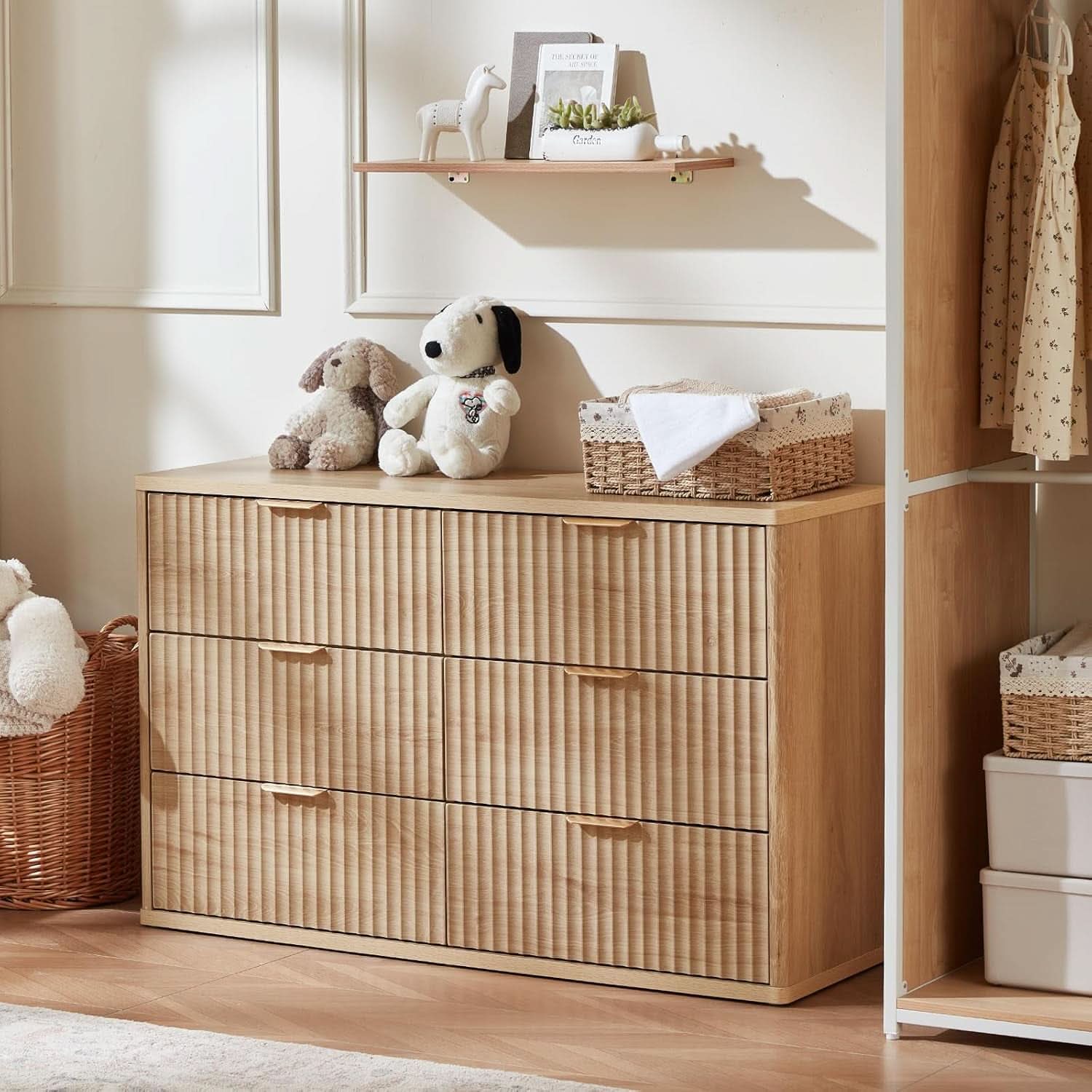 Fluted 6 Drawer Dresser 48 Inch Natural Wood Finish