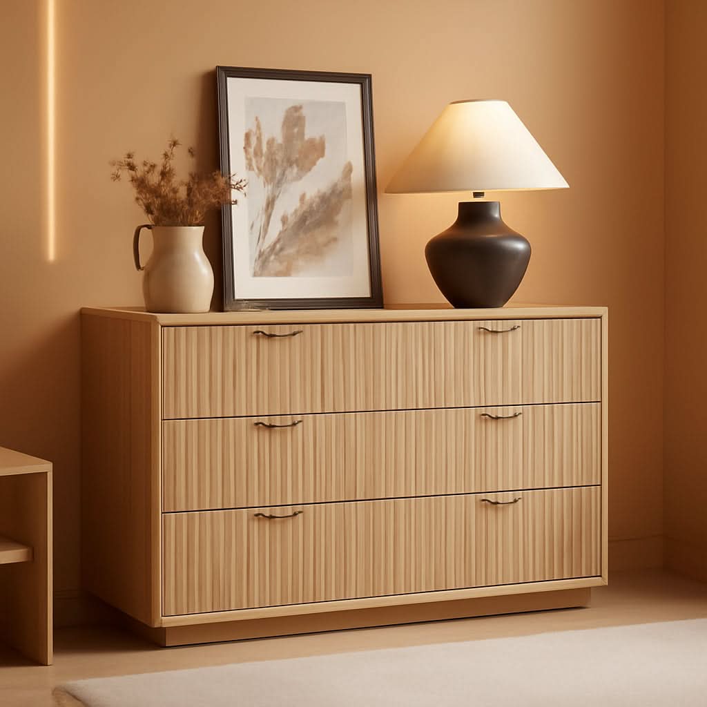 Fluted 6 Drawer Dresser 48 Inch Natural Wood Finish