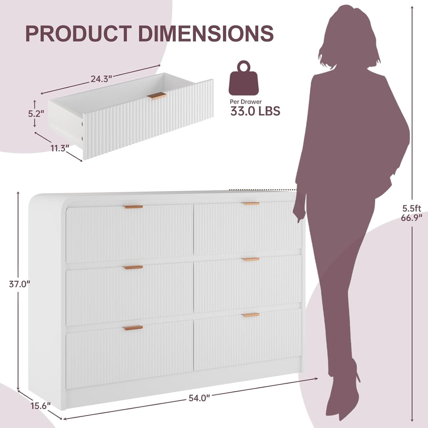 Fluted 6 Drawer Dresser 54 Inch White Solid Wood Storage