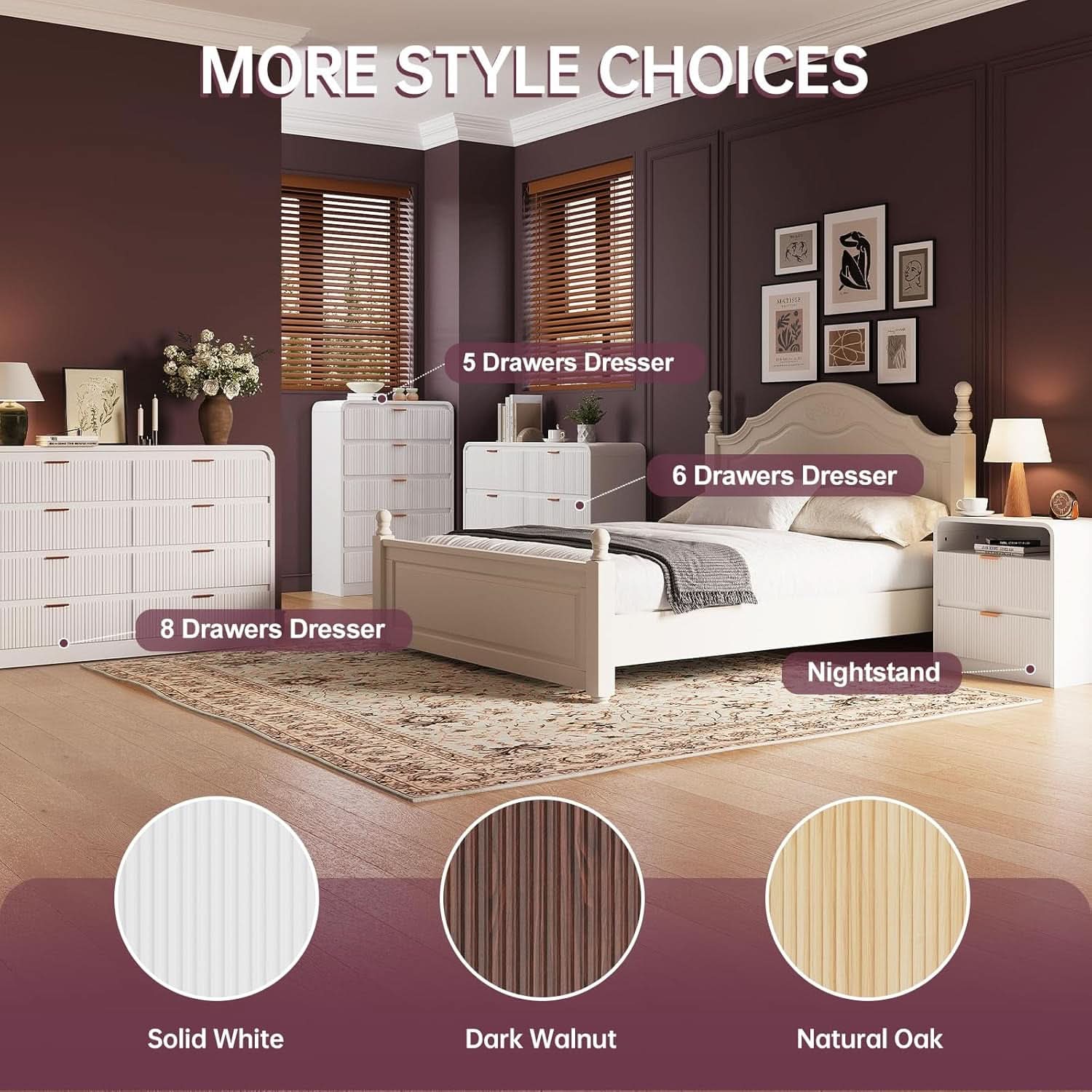 Fluted 6 Drawer Dresser 54 Inch White Solid Wood Storage
