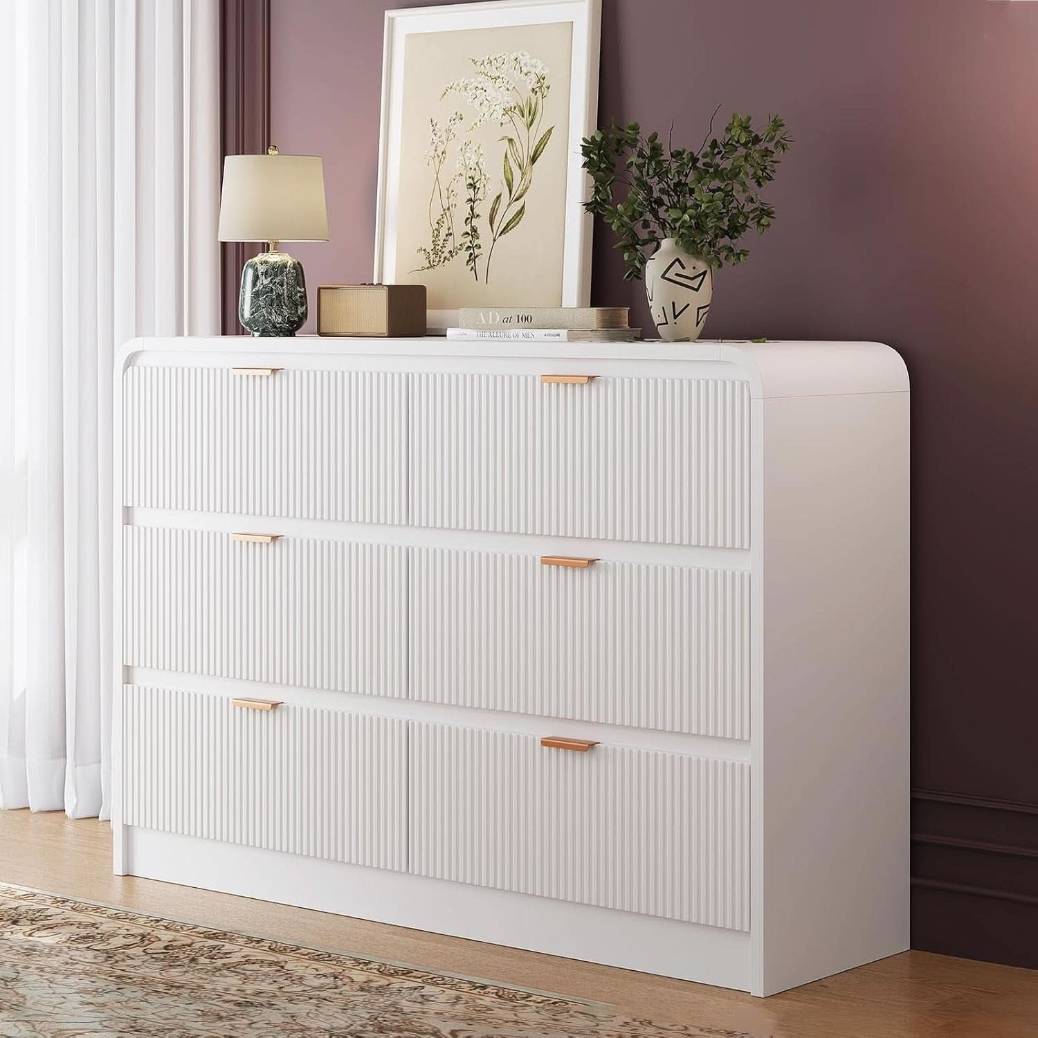 Fluted 6 Drawer Dresser 54 Inch White Solid Wood Storage