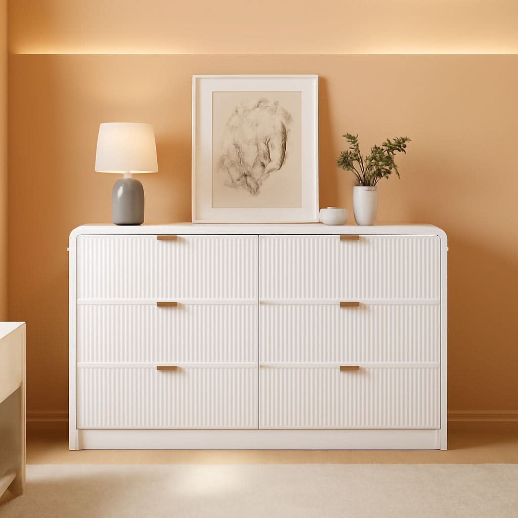 Fluted 6 Drawer Dresser 54 Inch White Solid Wood Storage