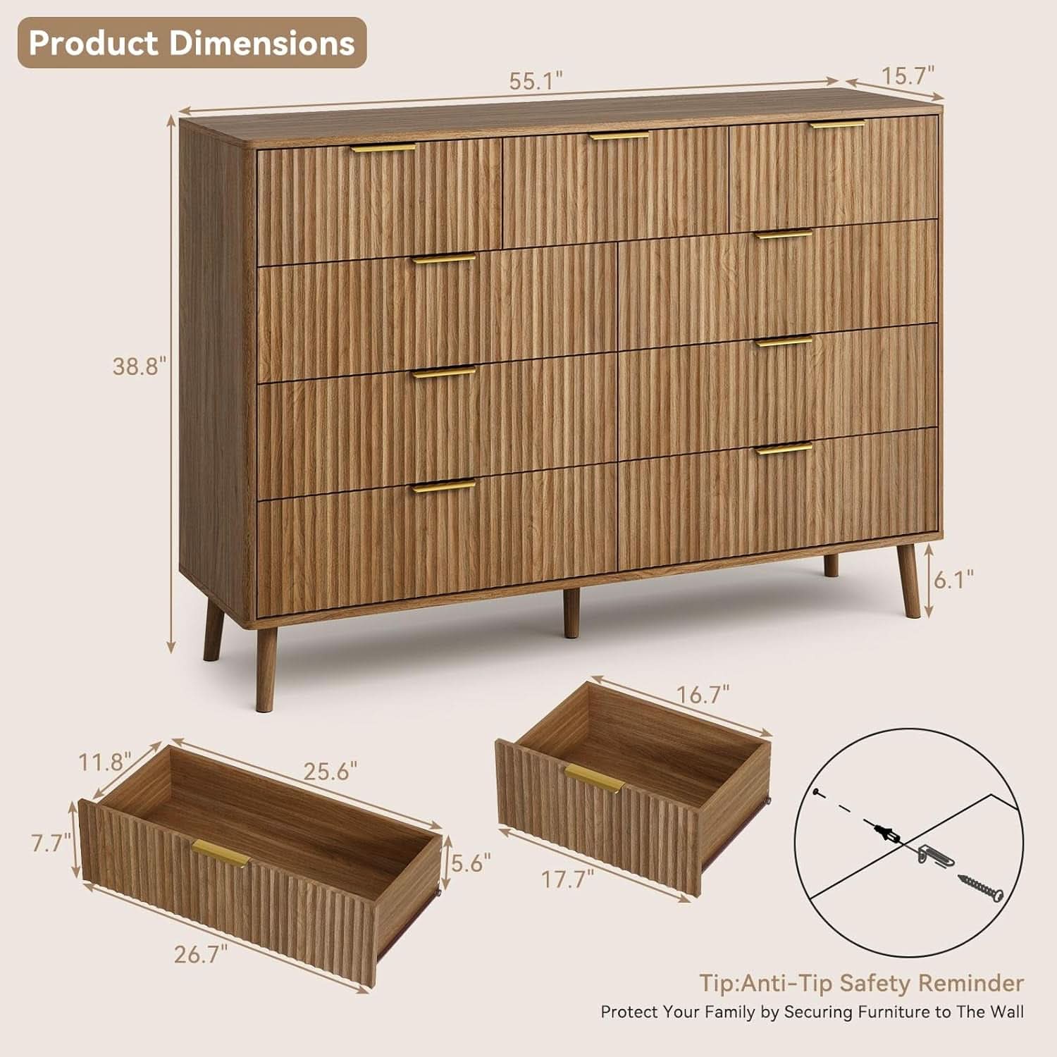 Fluted 9 Drawer Dresser 55 Inch Natural Oak Finish