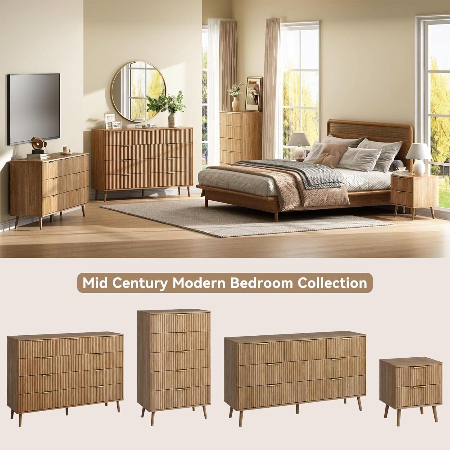 Fluted 9 Drawer Dresser 55 Inch Natural Oak Finish