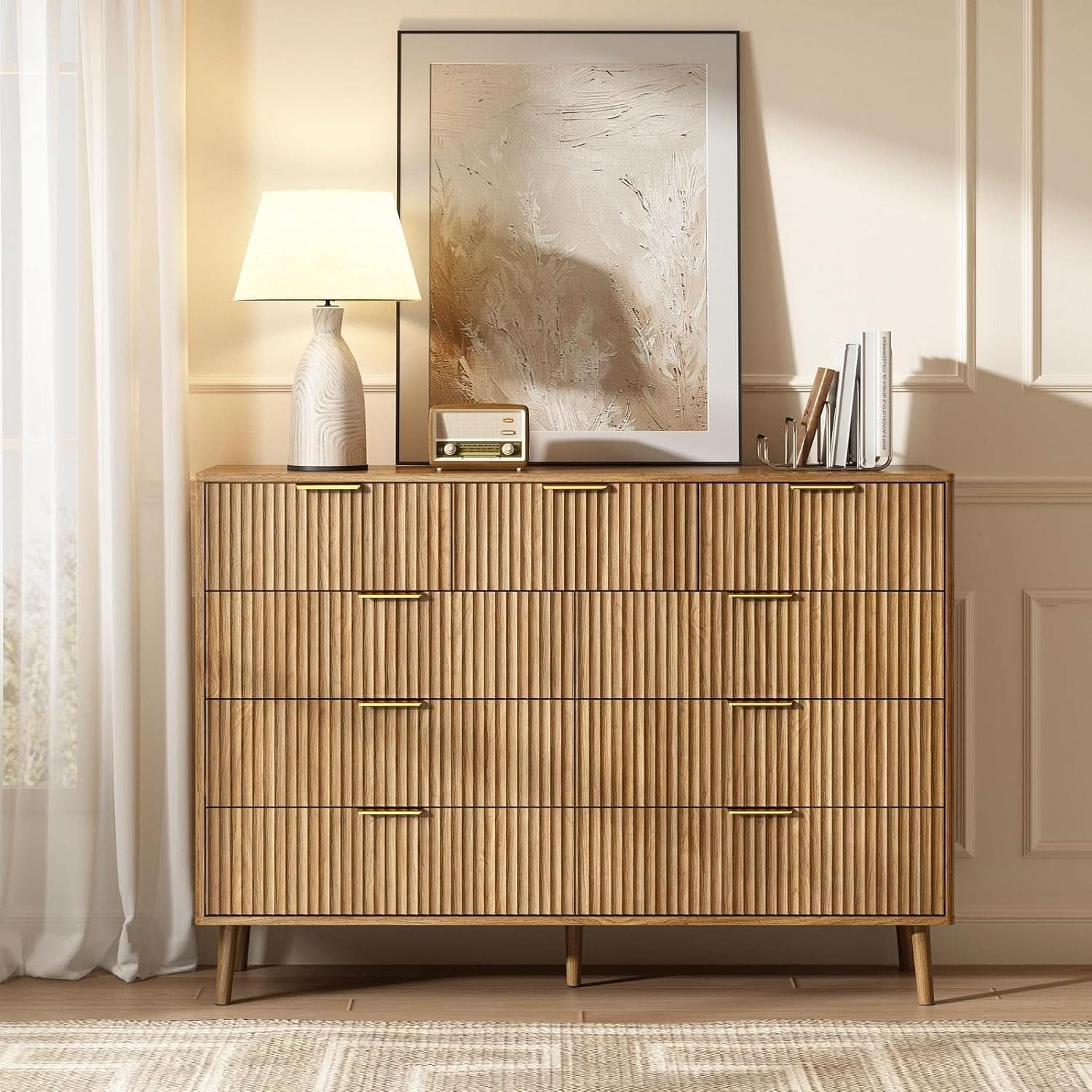 Fluted 9 Drawer Dresser 55 Inch Natural Oak Finish