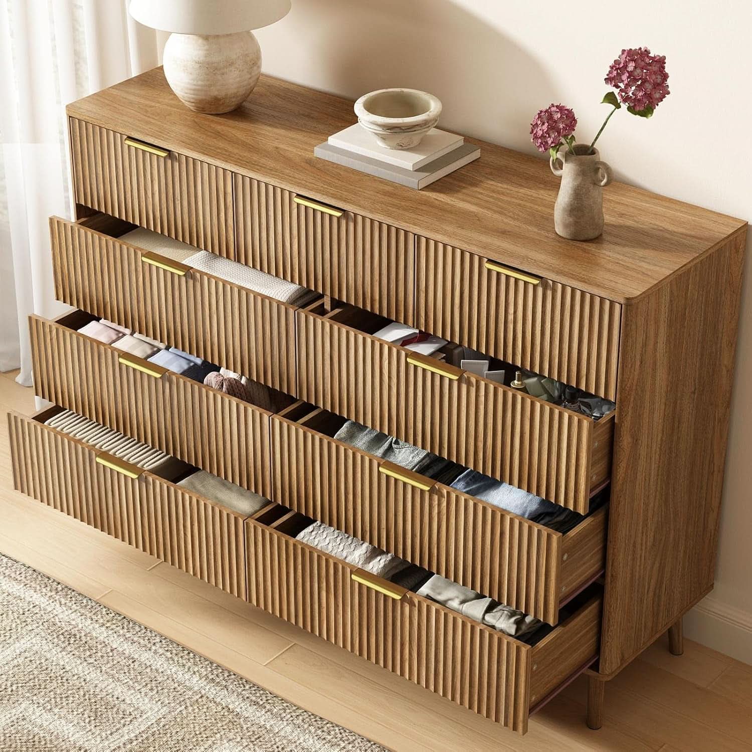 Fluted 9 Drawer Dresser 55 Inch Natural Oak Finish
