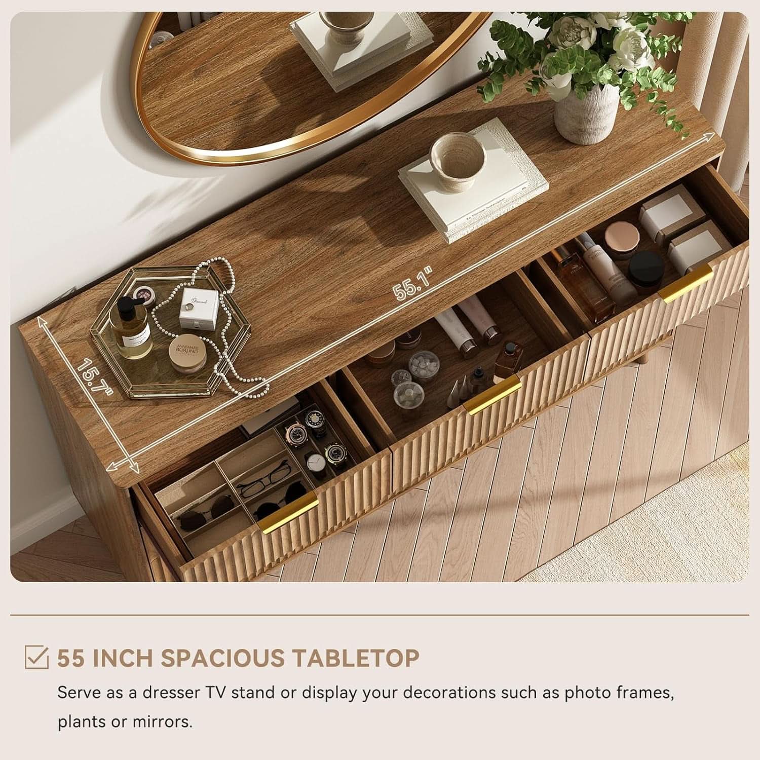 Fluted 9 Drawer Dresser 55 Inch Natural Oak Finish