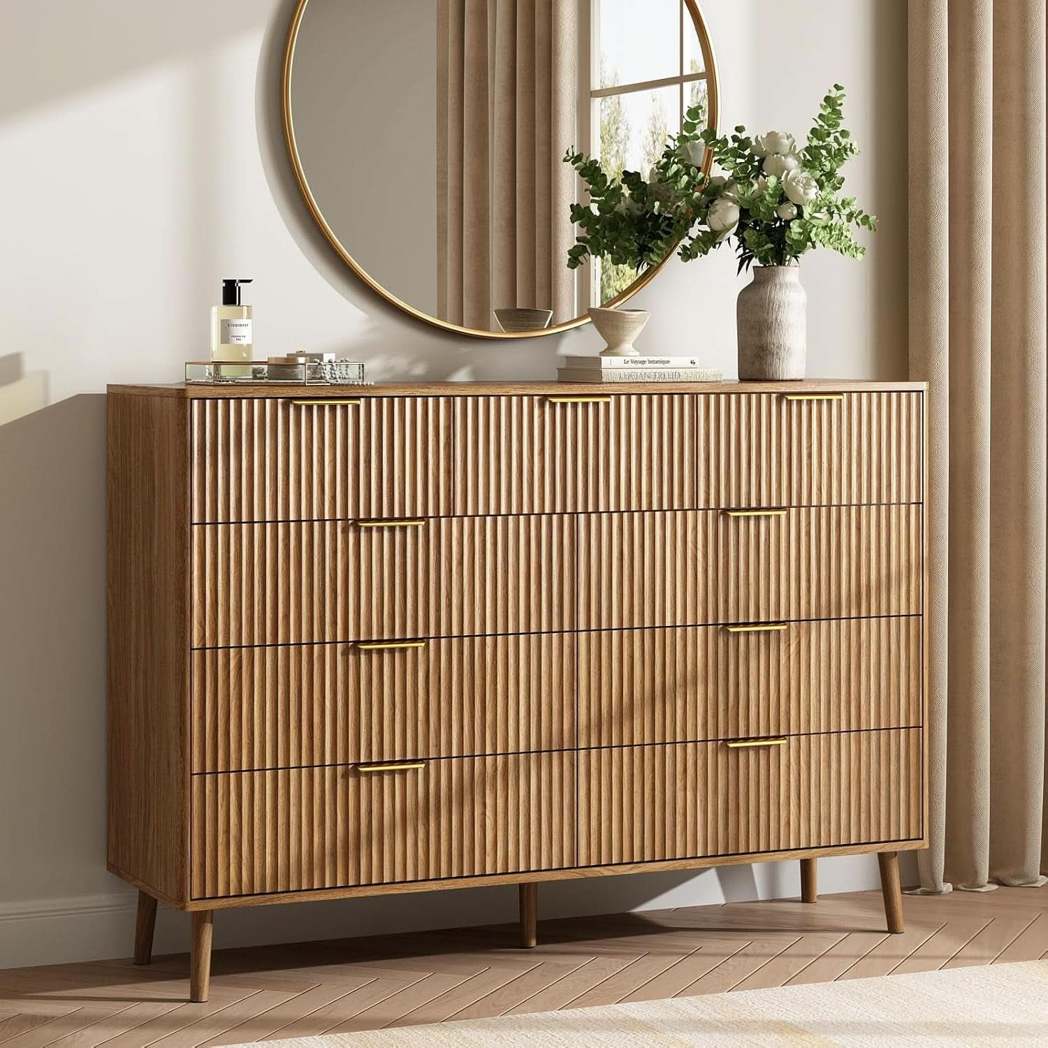 Fluted 9 Drawer Dresser 55 Inch Natural Oak Finish