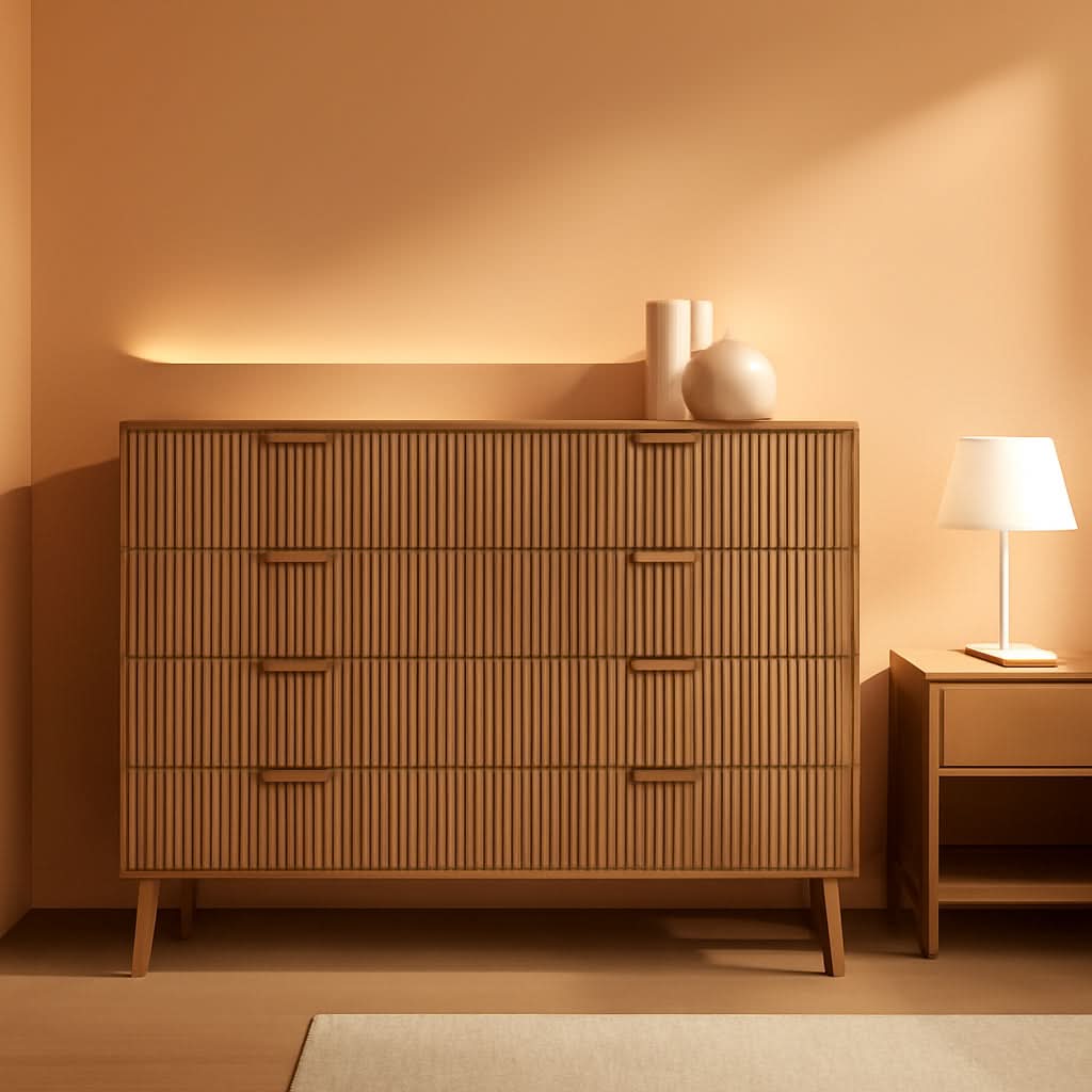 Fluted 9 Drawer Dresser 55 Inch Natural Oak Finish