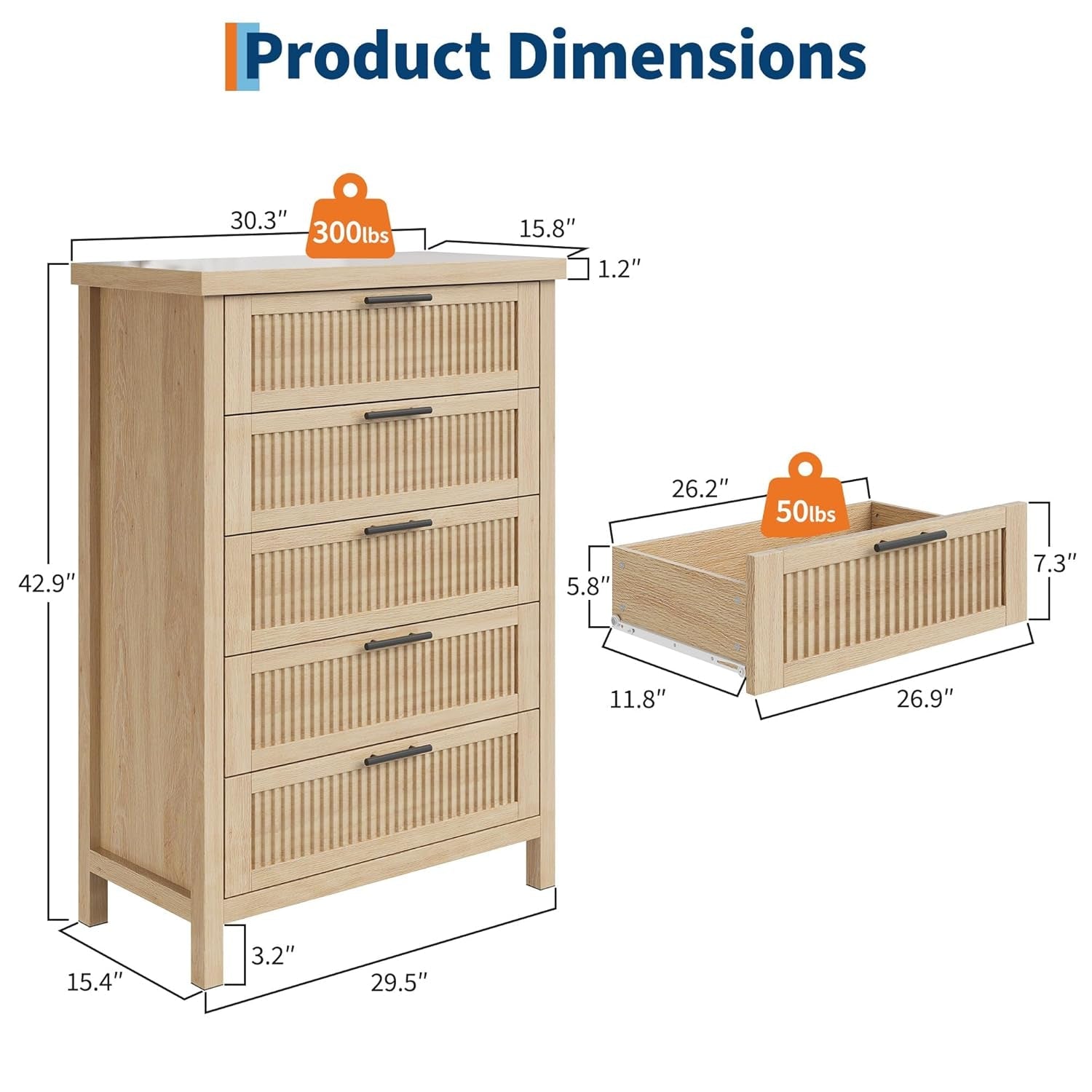 Fluted Dresser Chest With Five Drawers 42InchesTall