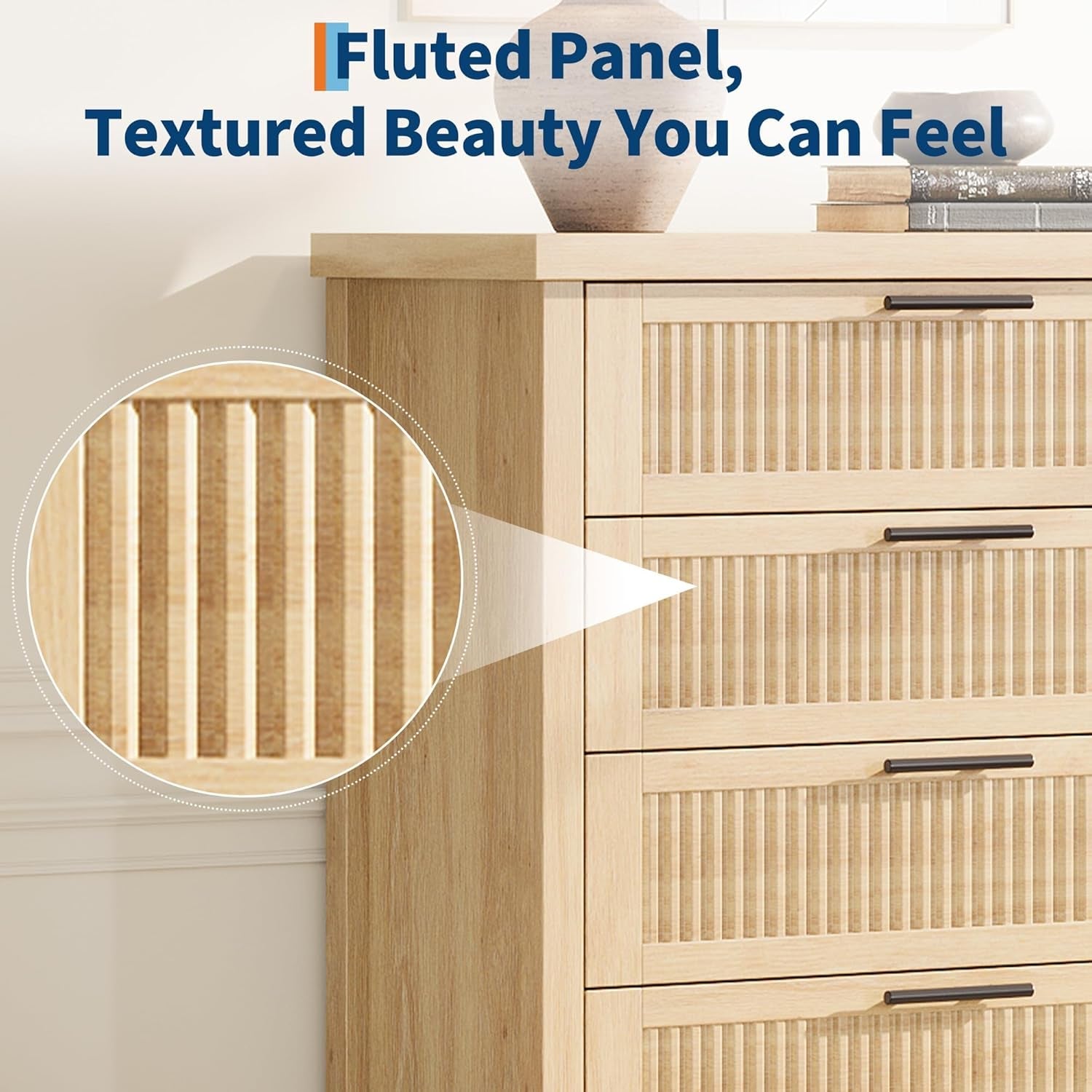 Fluted Dresser Chest With Five Drawers 42InchesTall