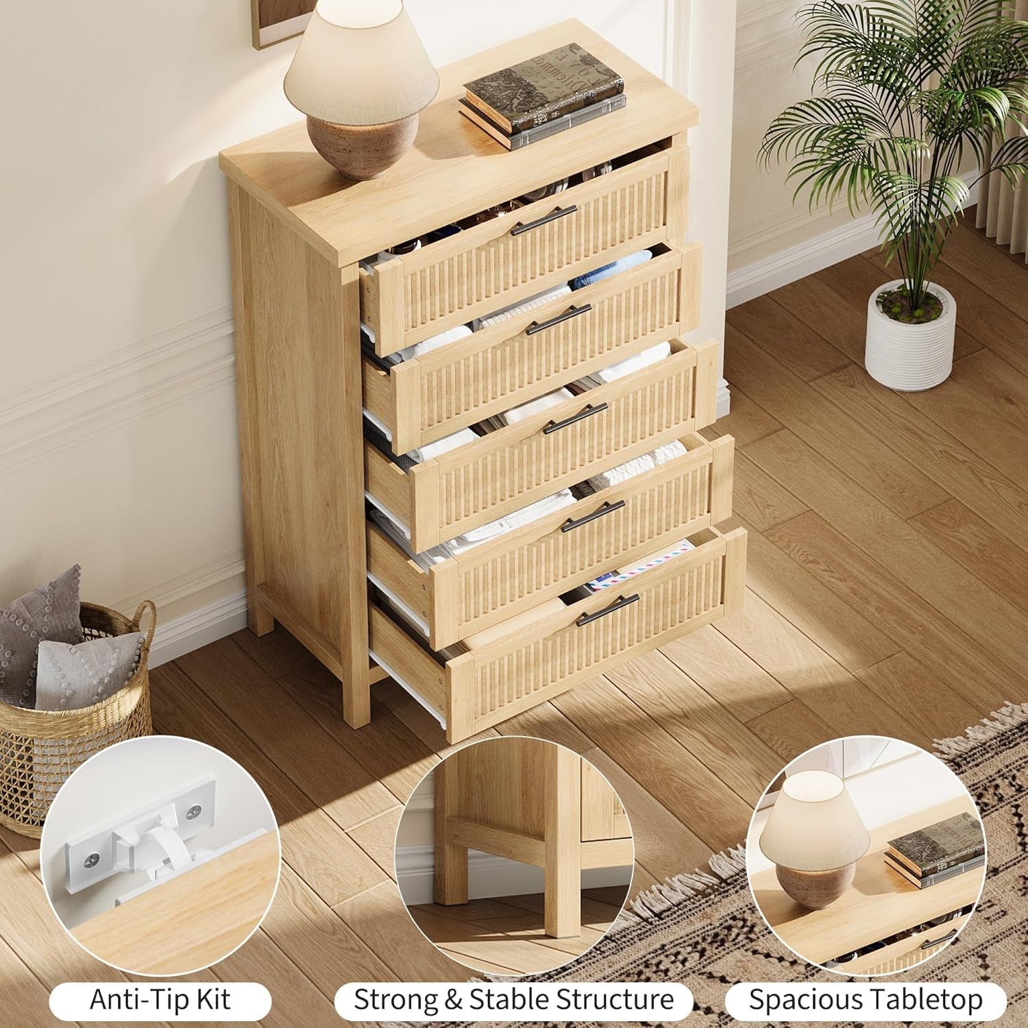 Fluted Dresser Chest With Five Drawers 42InchesTall