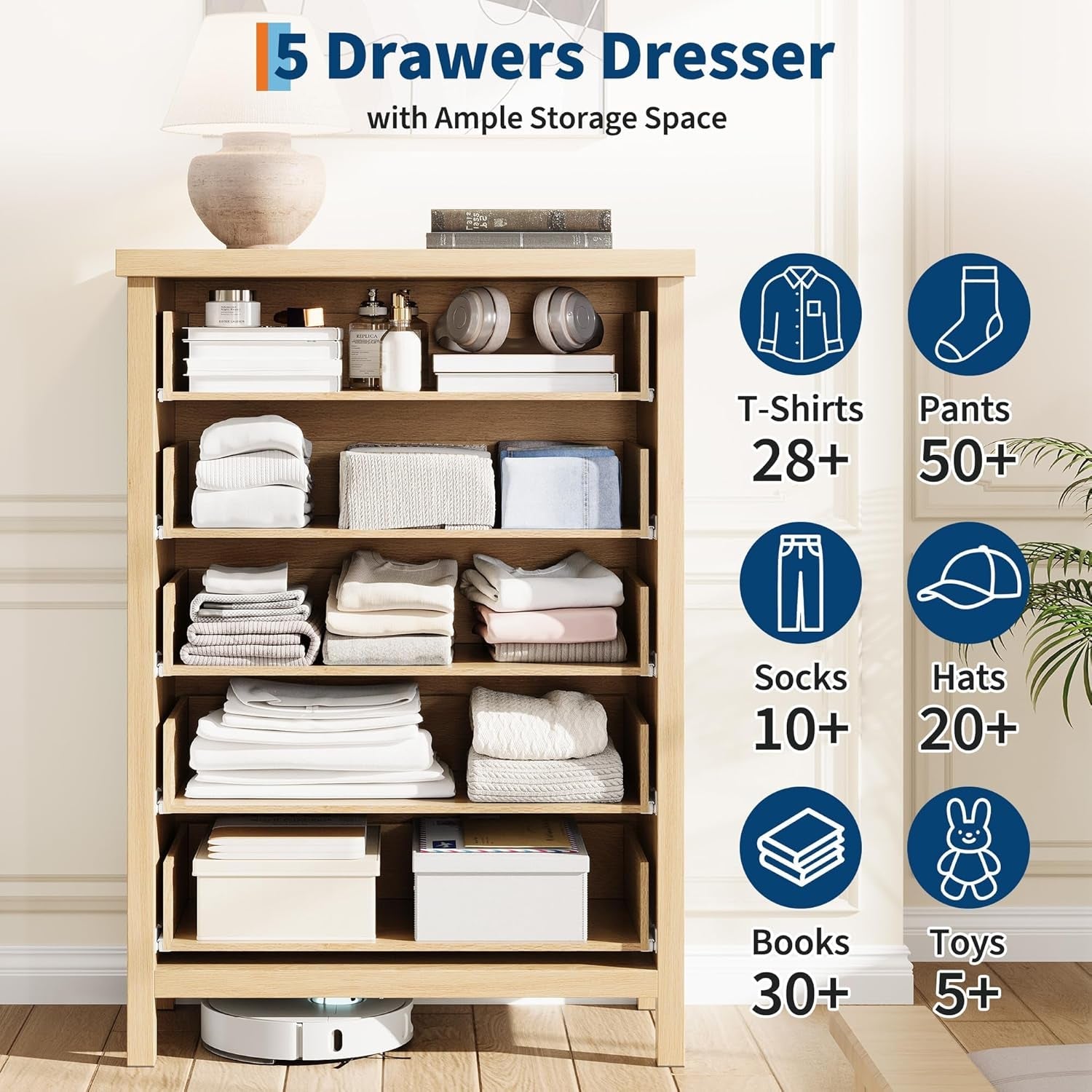 Fluted Dresser Chest With Five Drawers 42InchesTall