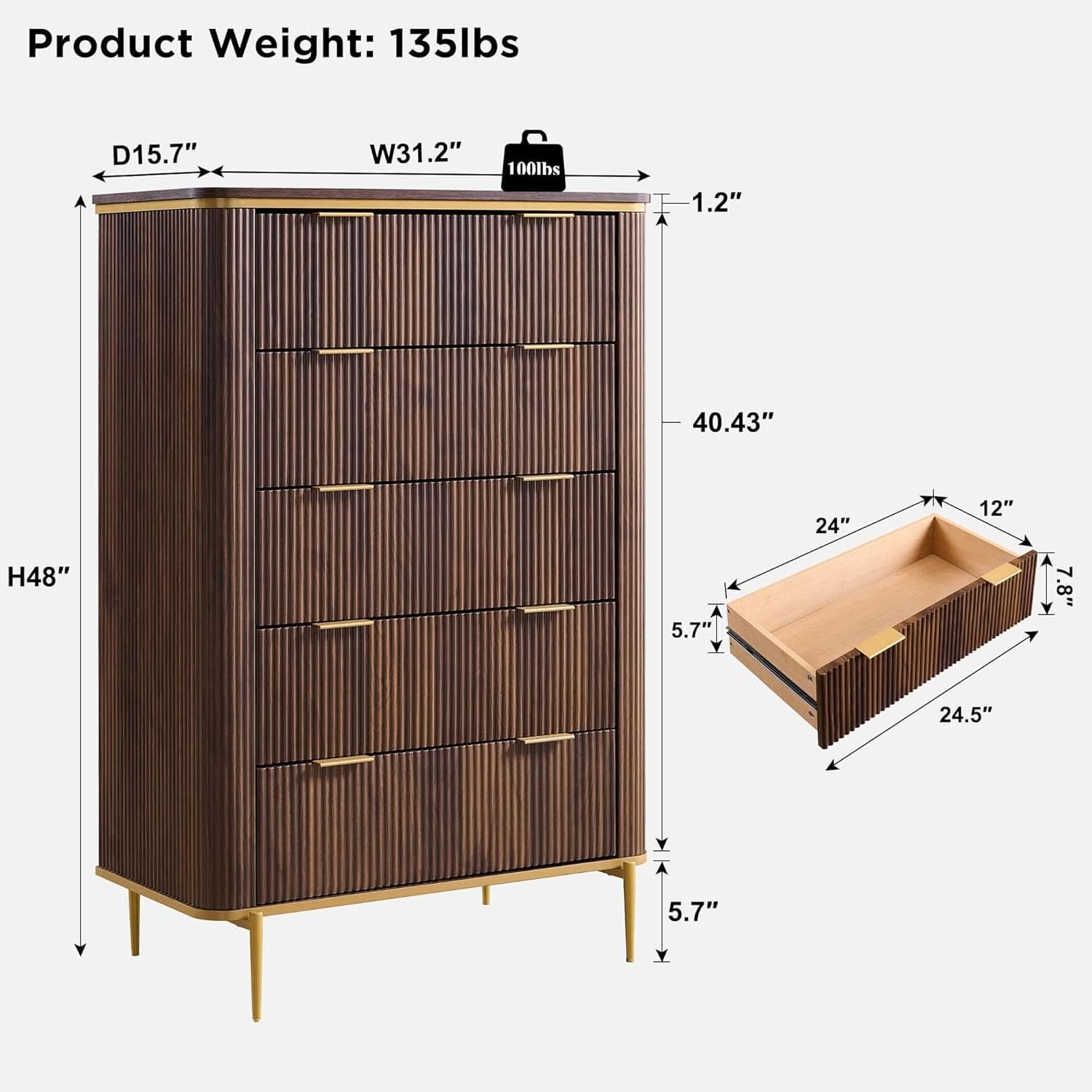 Fluted Five Drawer Dresser Contemporary Dark Walnut