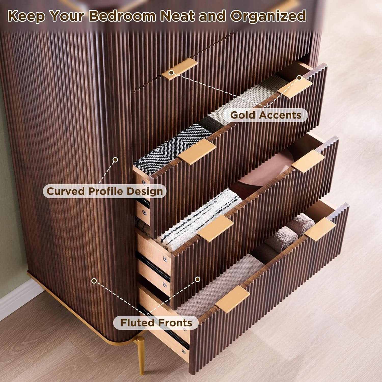 Fluted Five Drawer Dresser Contemporary Dark Walnut