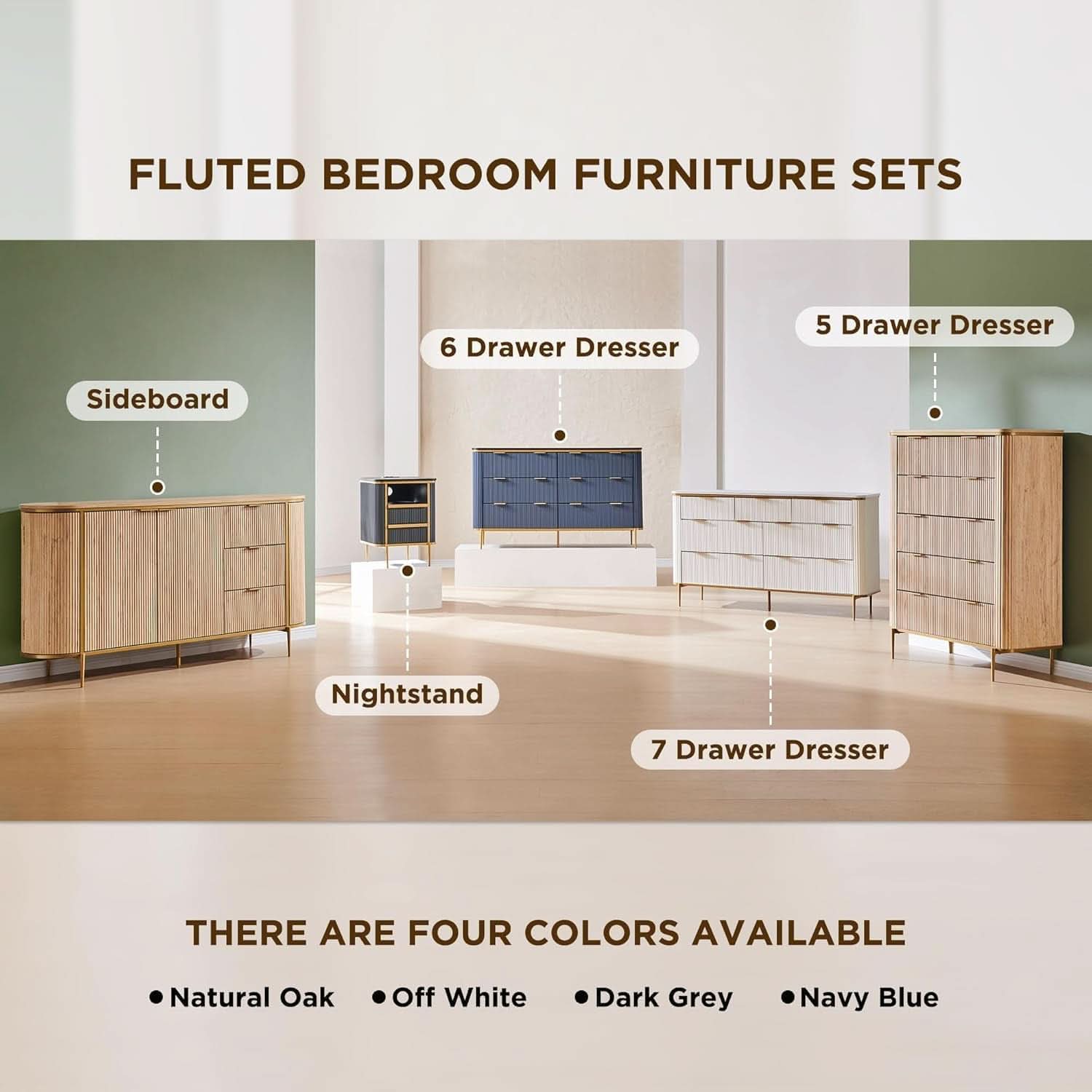 Fluted Five Drawer Dresser Contemporary Dark Walnut