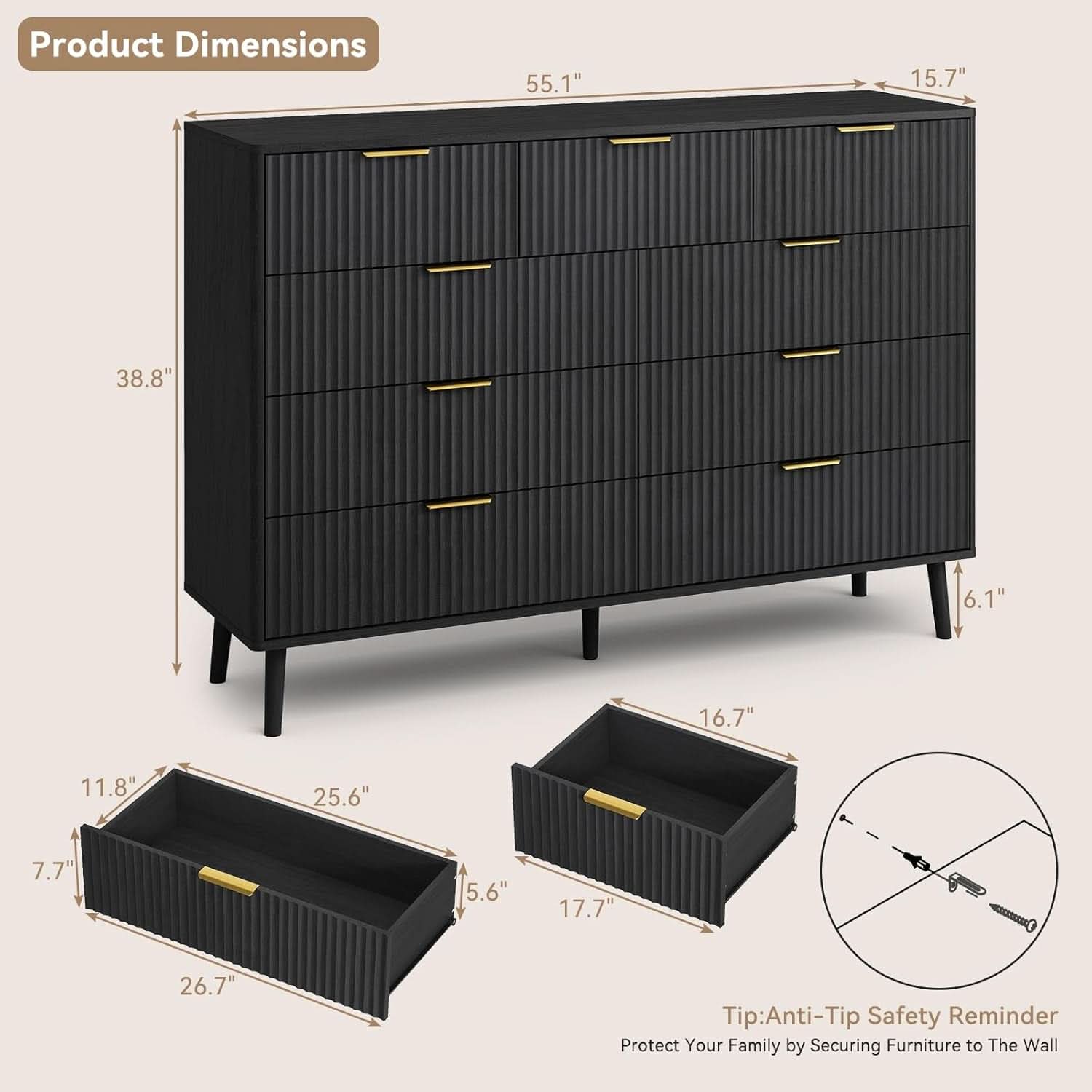 Fluted Nine Drawer Dresser 55 Inch Matte Black With Gold Handles