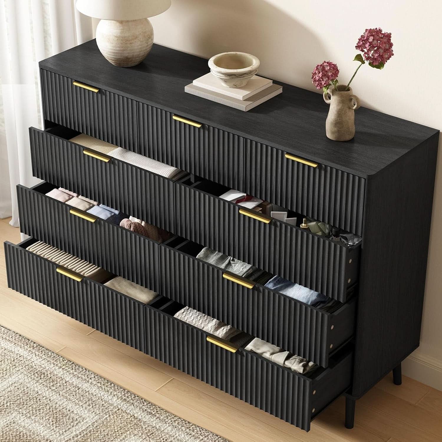 Fluted Nine Drawer Dresser 55 Inch Matte Black With Gold Handles