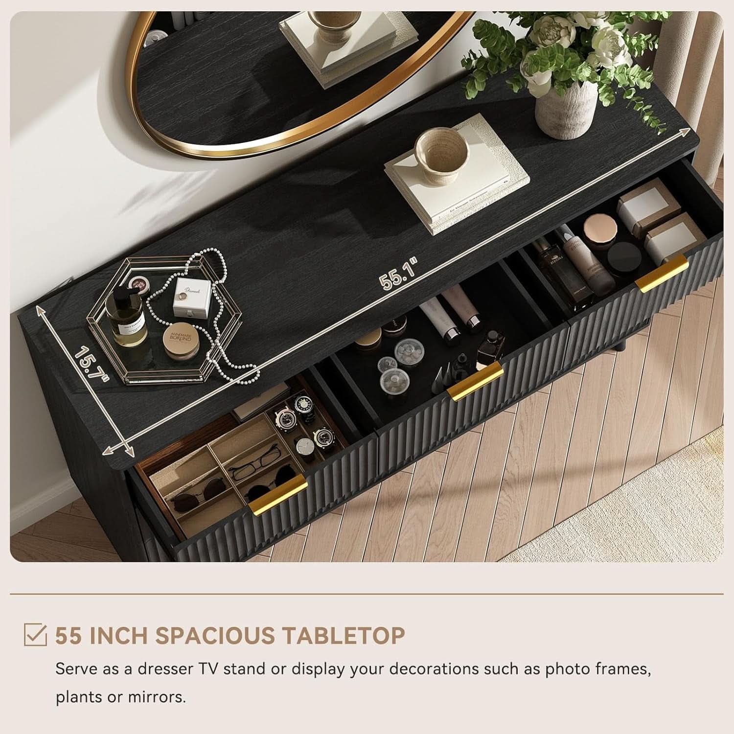 Fluted Nine Drawer Dresser 55 Inch Matte Black With Gold Handles