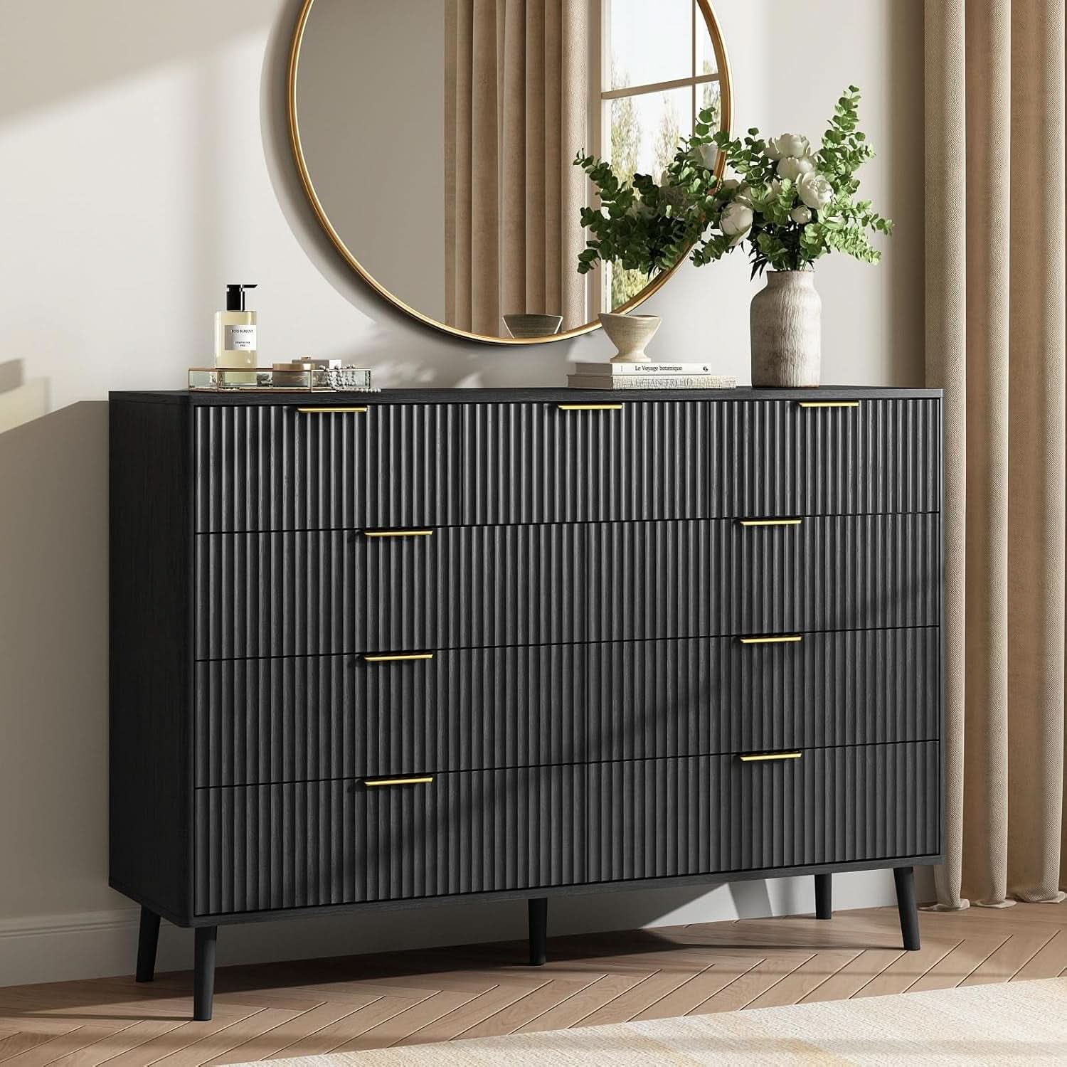 Fluted Nine Drawer Dresser 55 Inch Matte Black With Gold Handles