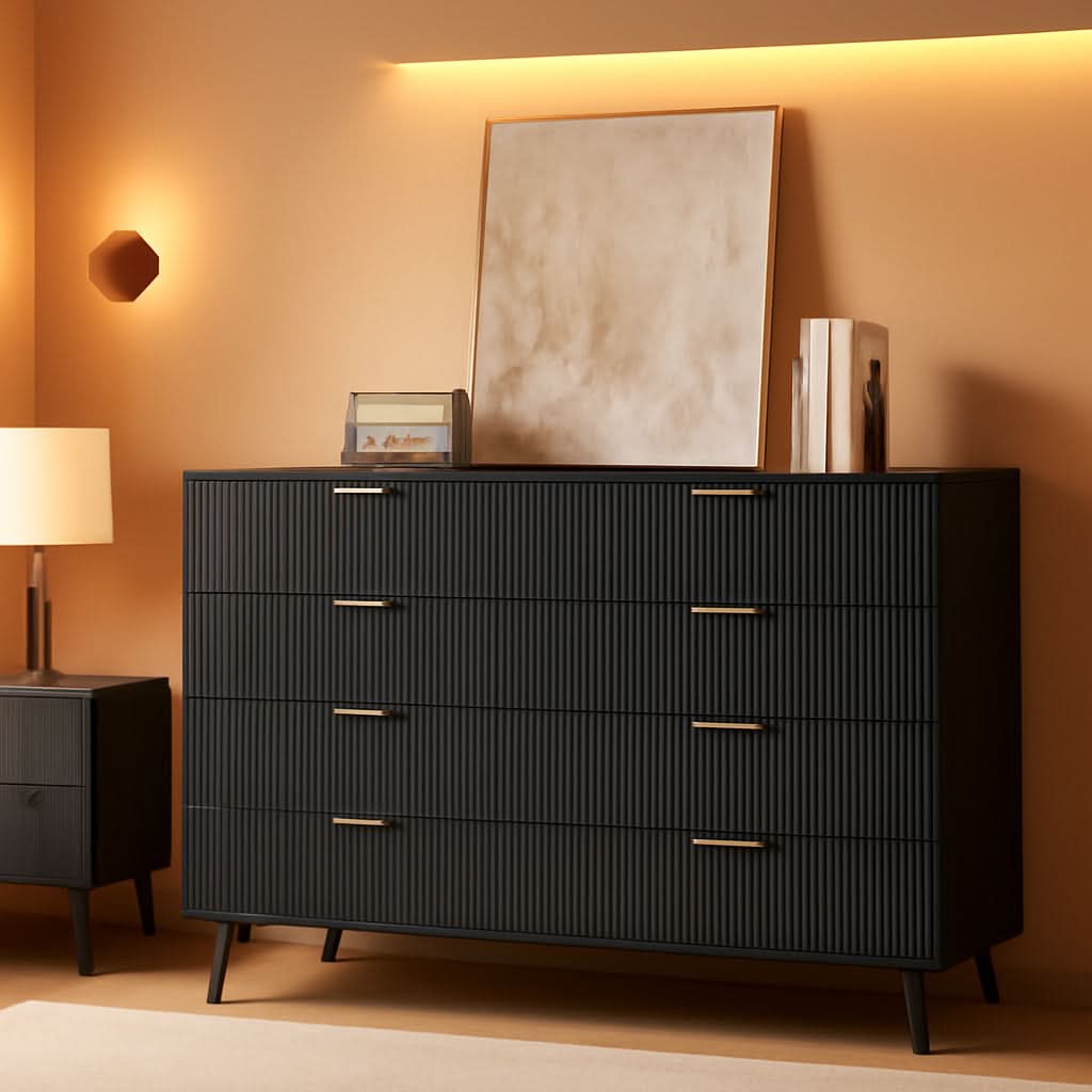 Fluted Nine Drawer Dresser 55 Inch Matte Black With Gold Handles