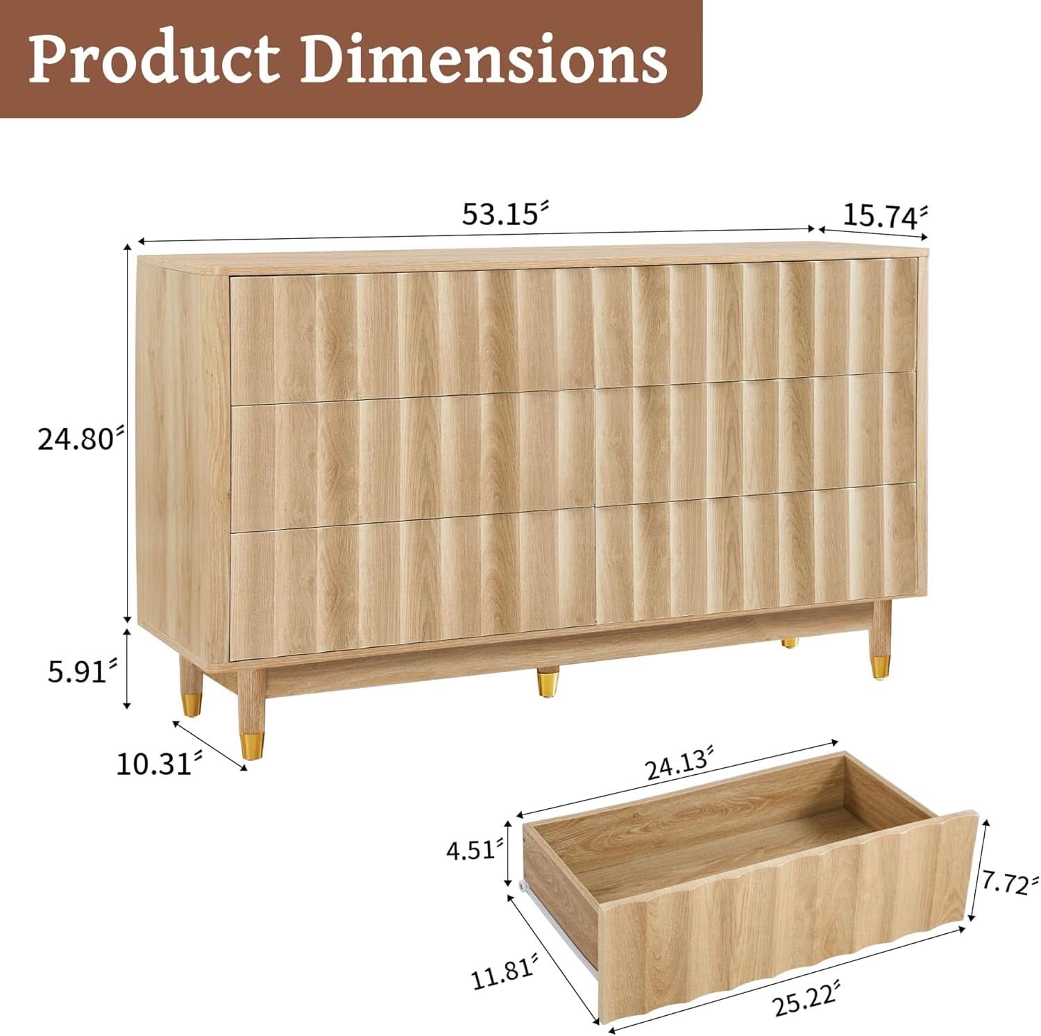 Fluted Six Drawer Dresser Walnut Finish FiftyThreeInchWide