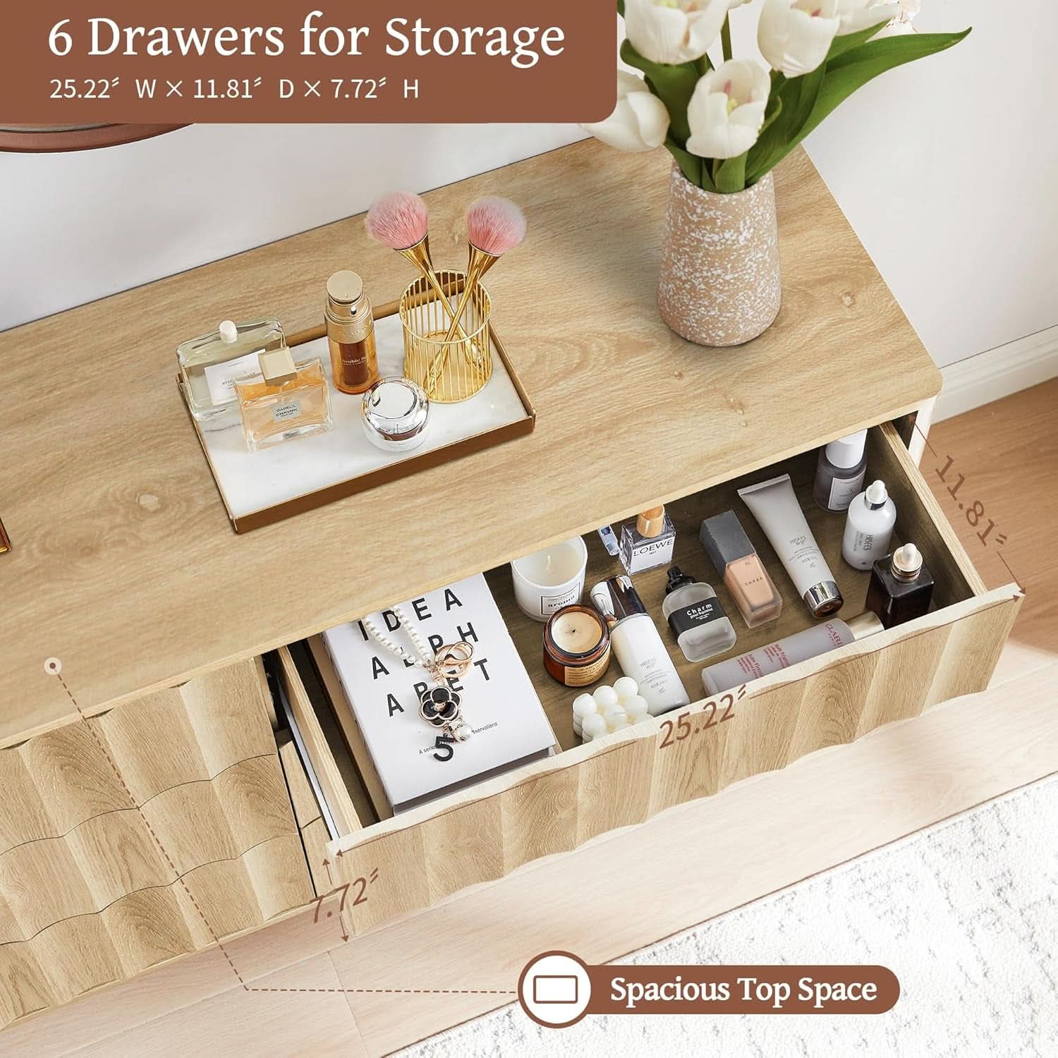 Fluted Six Drawer Dresser Walnut Finish FiftyThreeInchWide