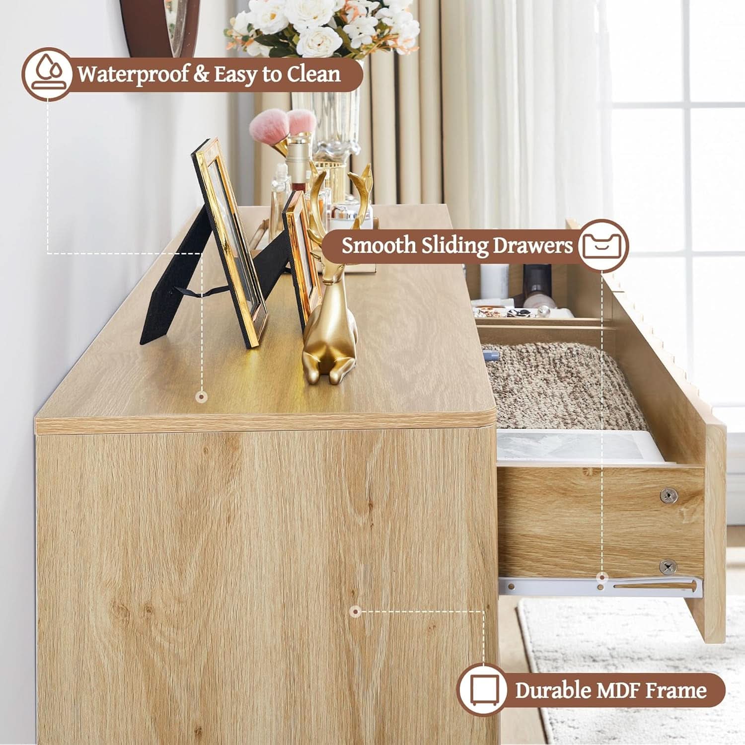 Fluted Six Drawer Dresser Walnut Finish FiftyThreeInchWide