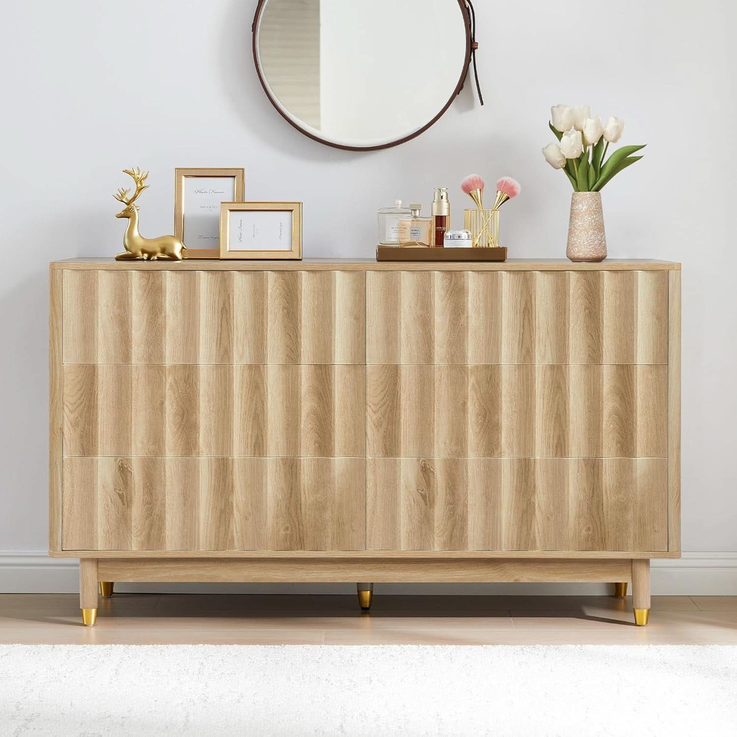 Fluted Six Drawer Dresser Walnut Finish FiftyThreeInchWide