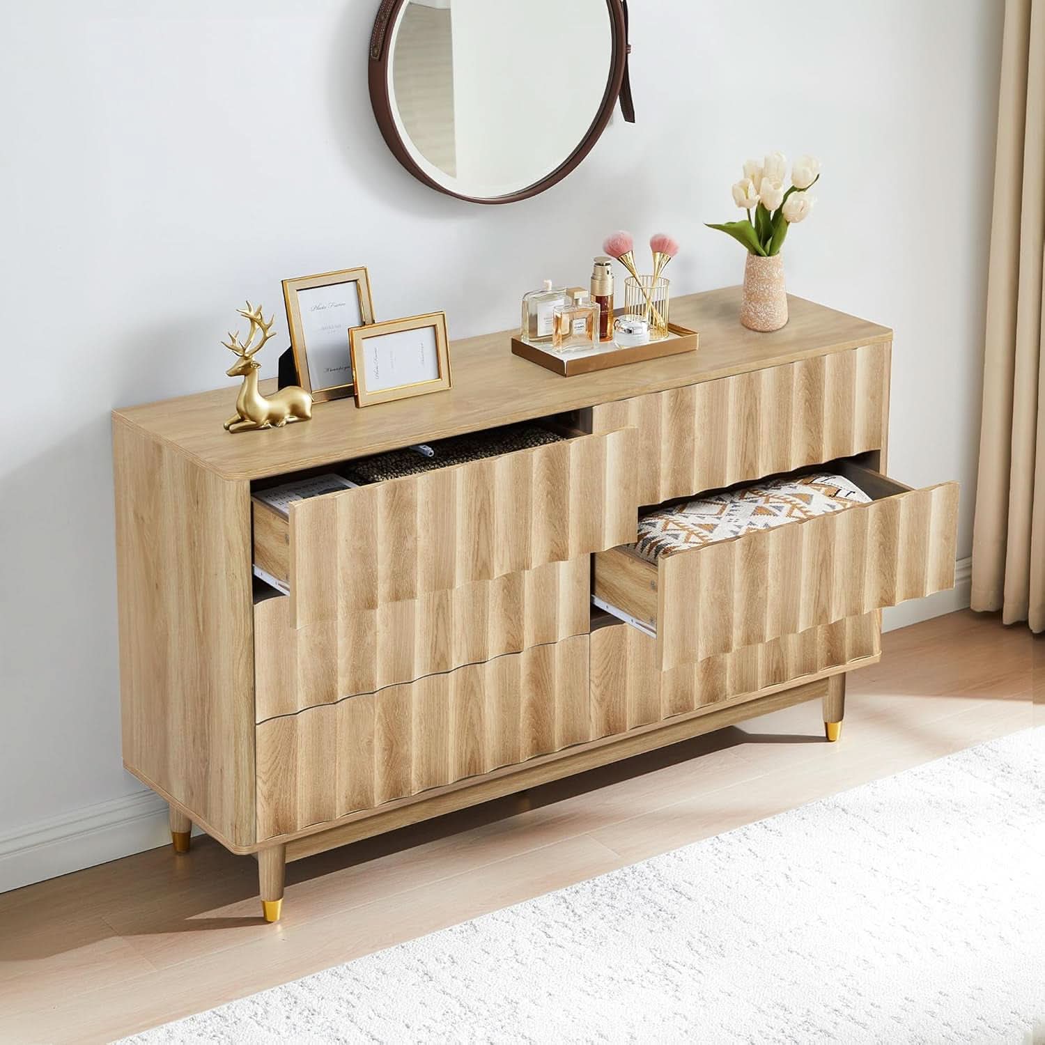 Fluted Six Drawer Dresser Walnut Finish FiftyThreeInchWide