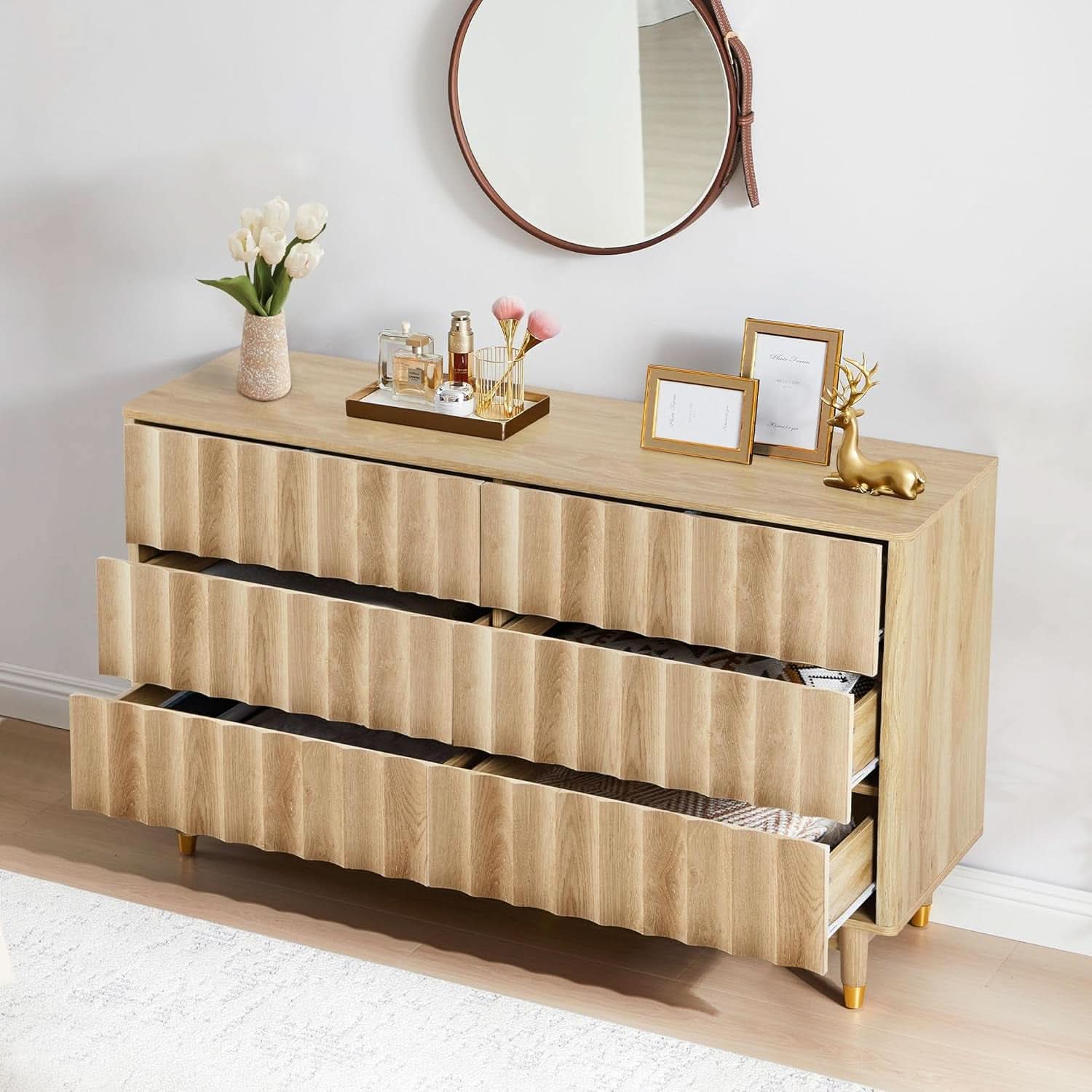 Fluted Six Drawer Dresser Walnut Finish FiftyThreeInchWide
