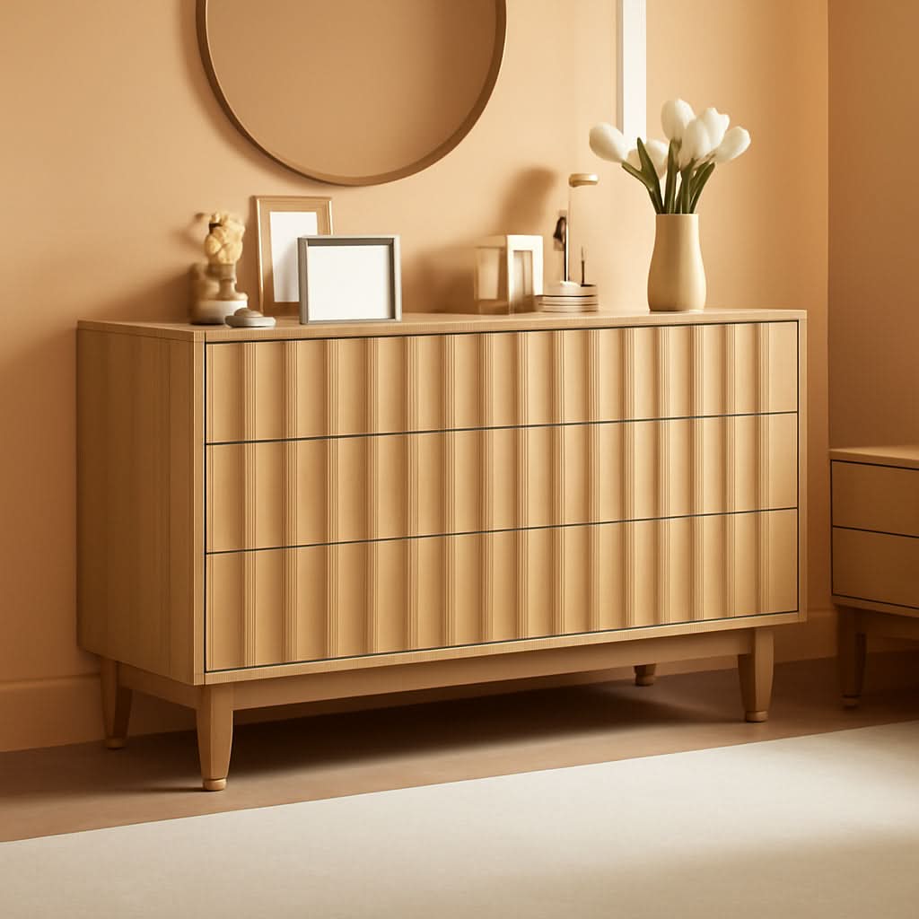 Fluted Six Drawer Dresser Walnut Finish FiftyThreeInchWide