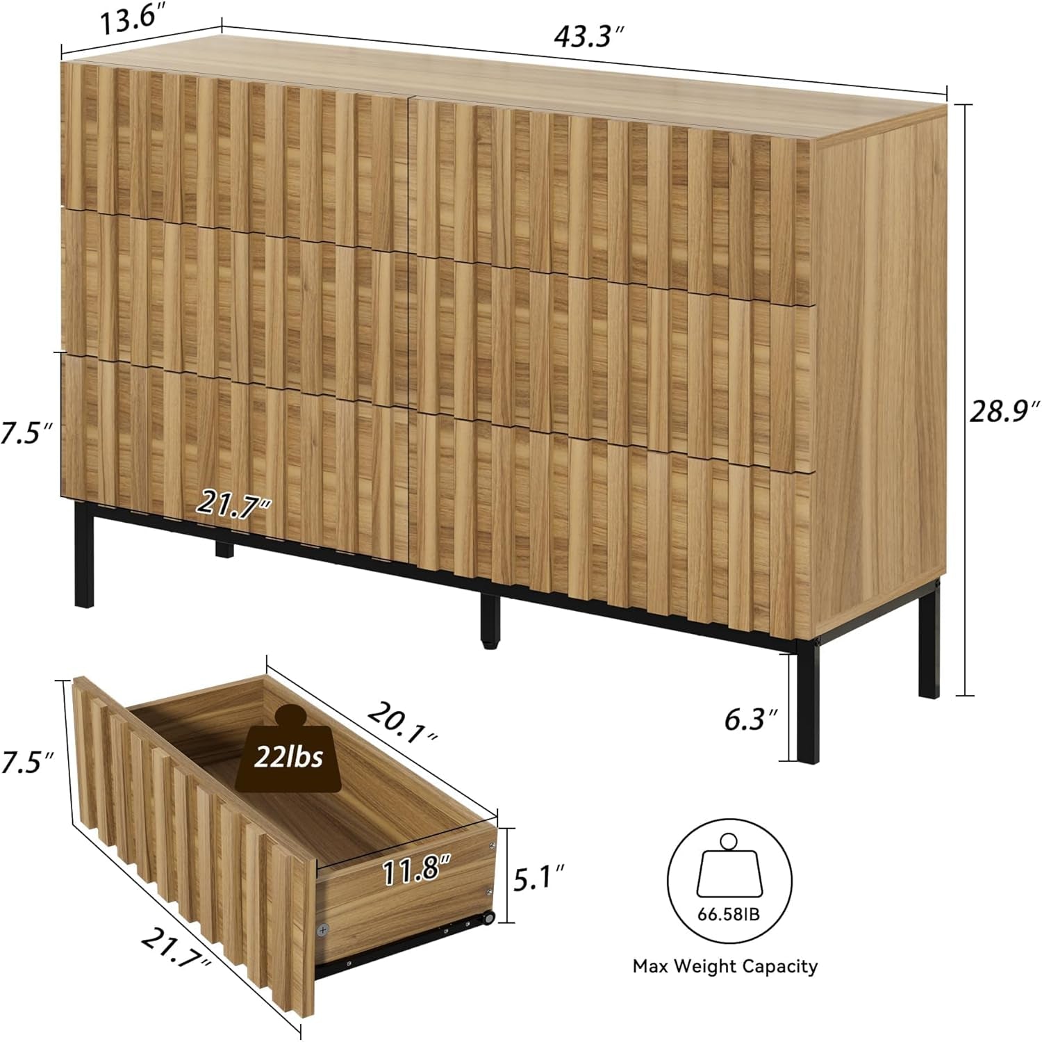 Fluted Six Drawer Dresser With Metal Stand Mid Century Modern Wood