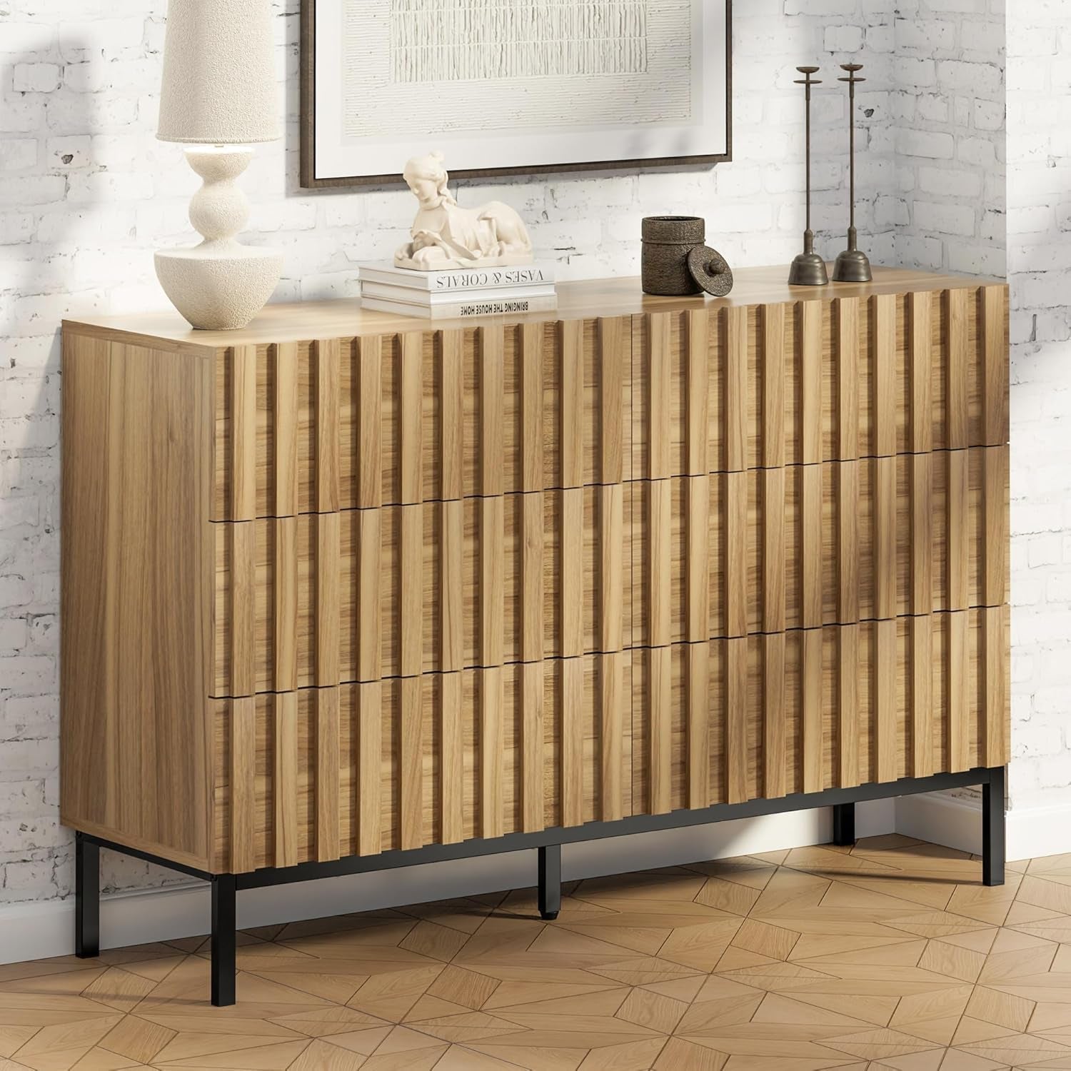 Fluted Six Drawer Dresser With Metal Stand Mid Century Modern Wood
