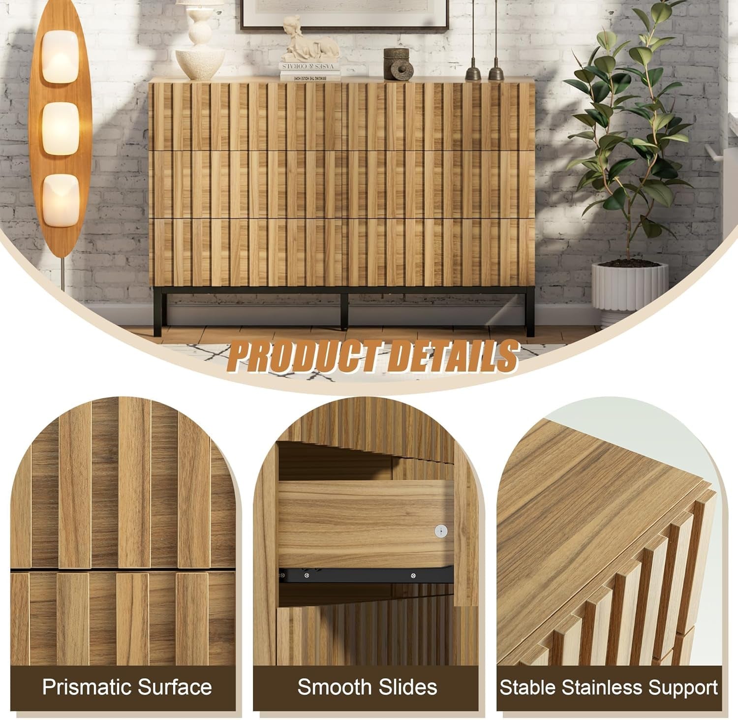 Fluted Six Drawer Dresser With Metal Stand Mid Century Modern Wood
