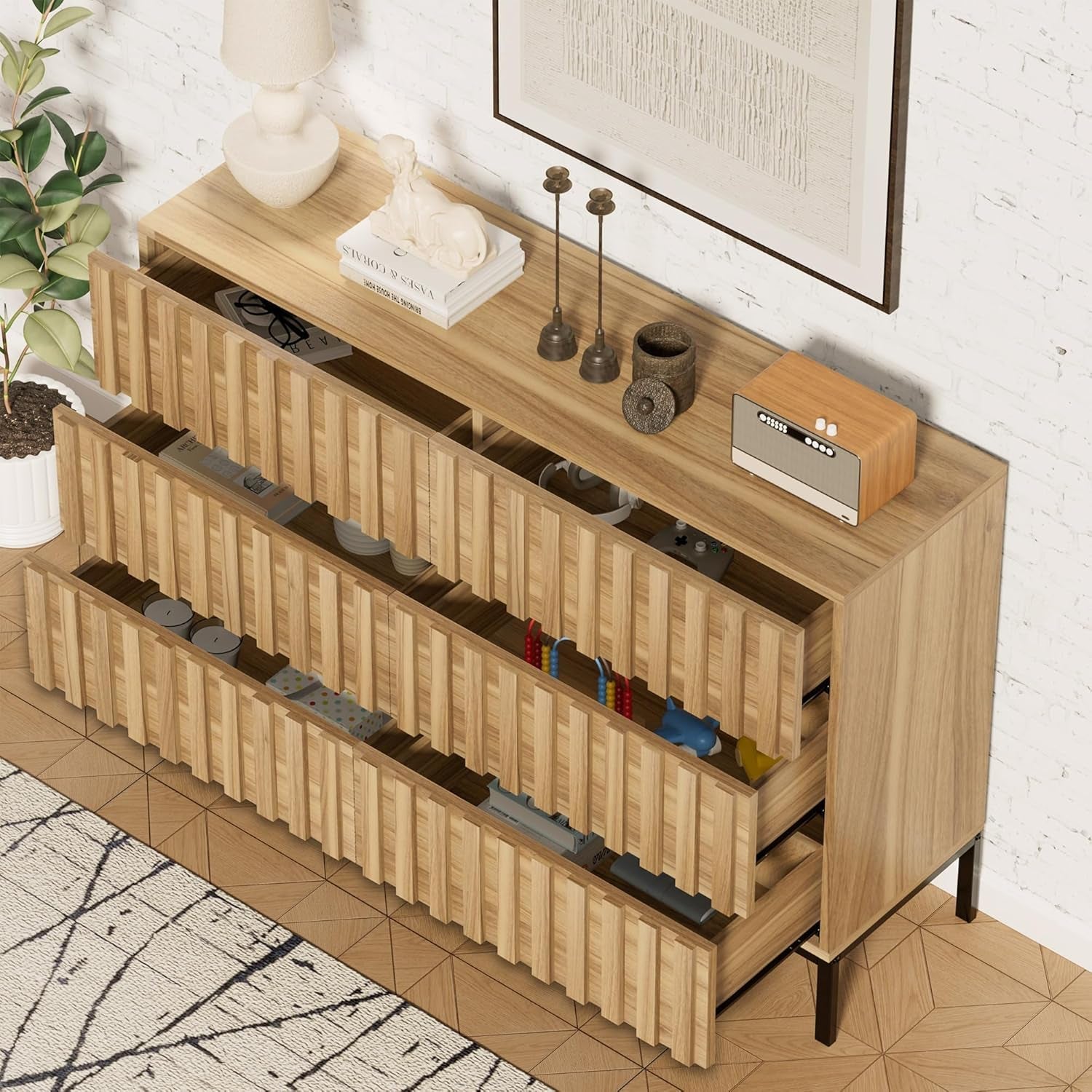 Fluted Six Drawer Dresser With Metal Stand Mid Century Modern Wood
