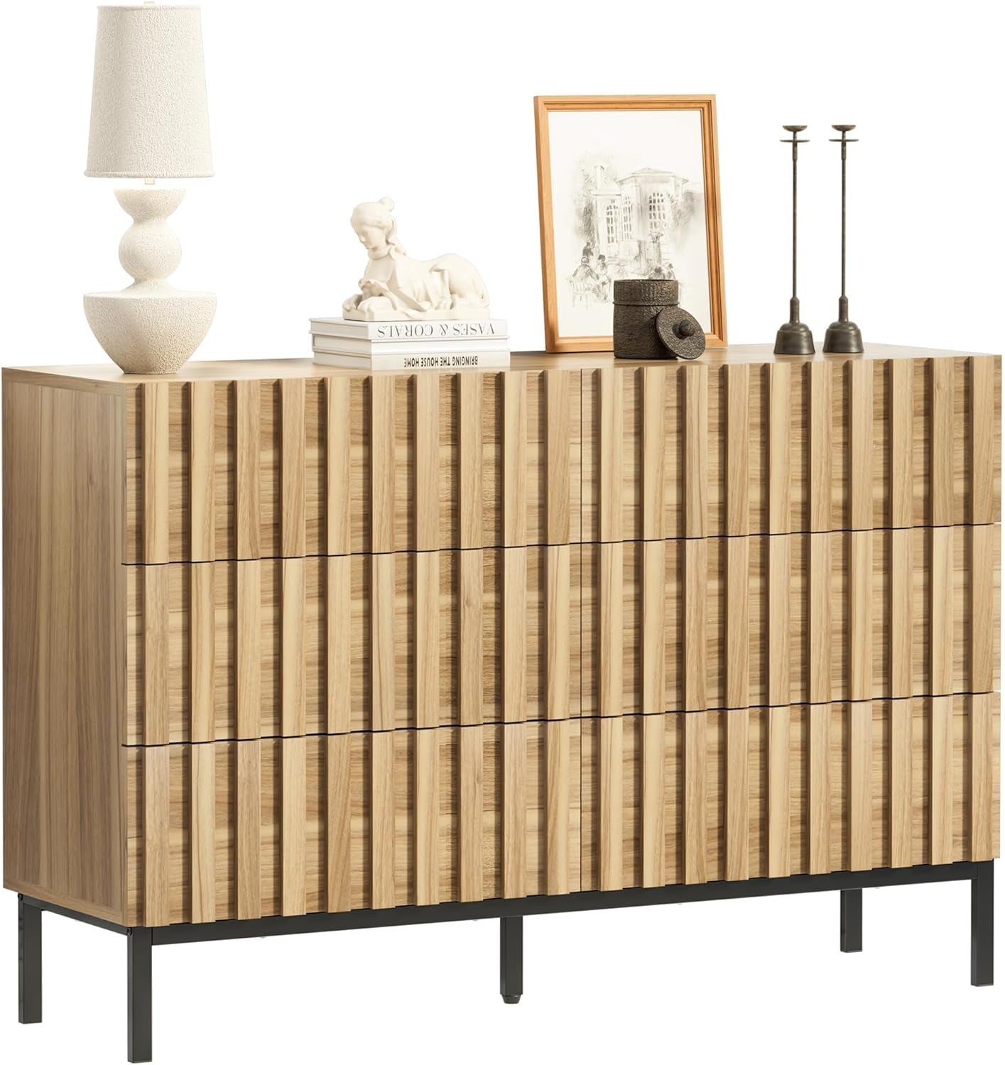 Fluted Six Drawer Dresser With Metal Stand Mid Century Modern Wood