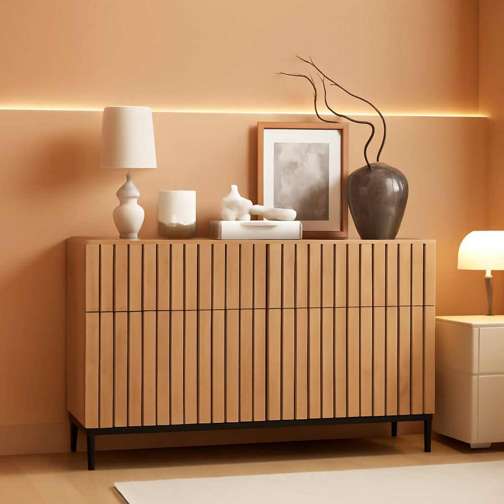 Fluted Six Drawer Dresser With Metal Stand Mid Century Modern Wood