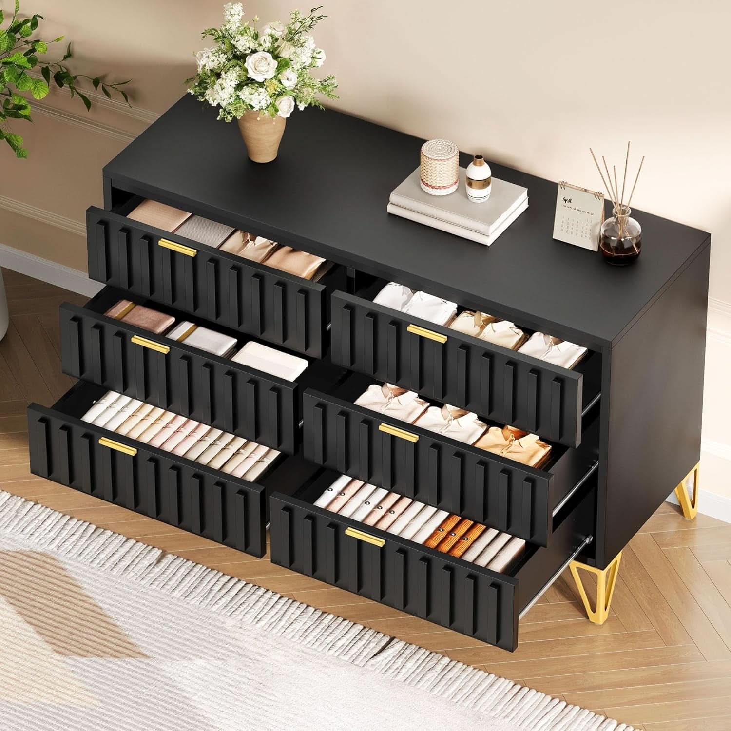 Fluted Stainlesssteel Dresser Six Drawer Black Mattefinish