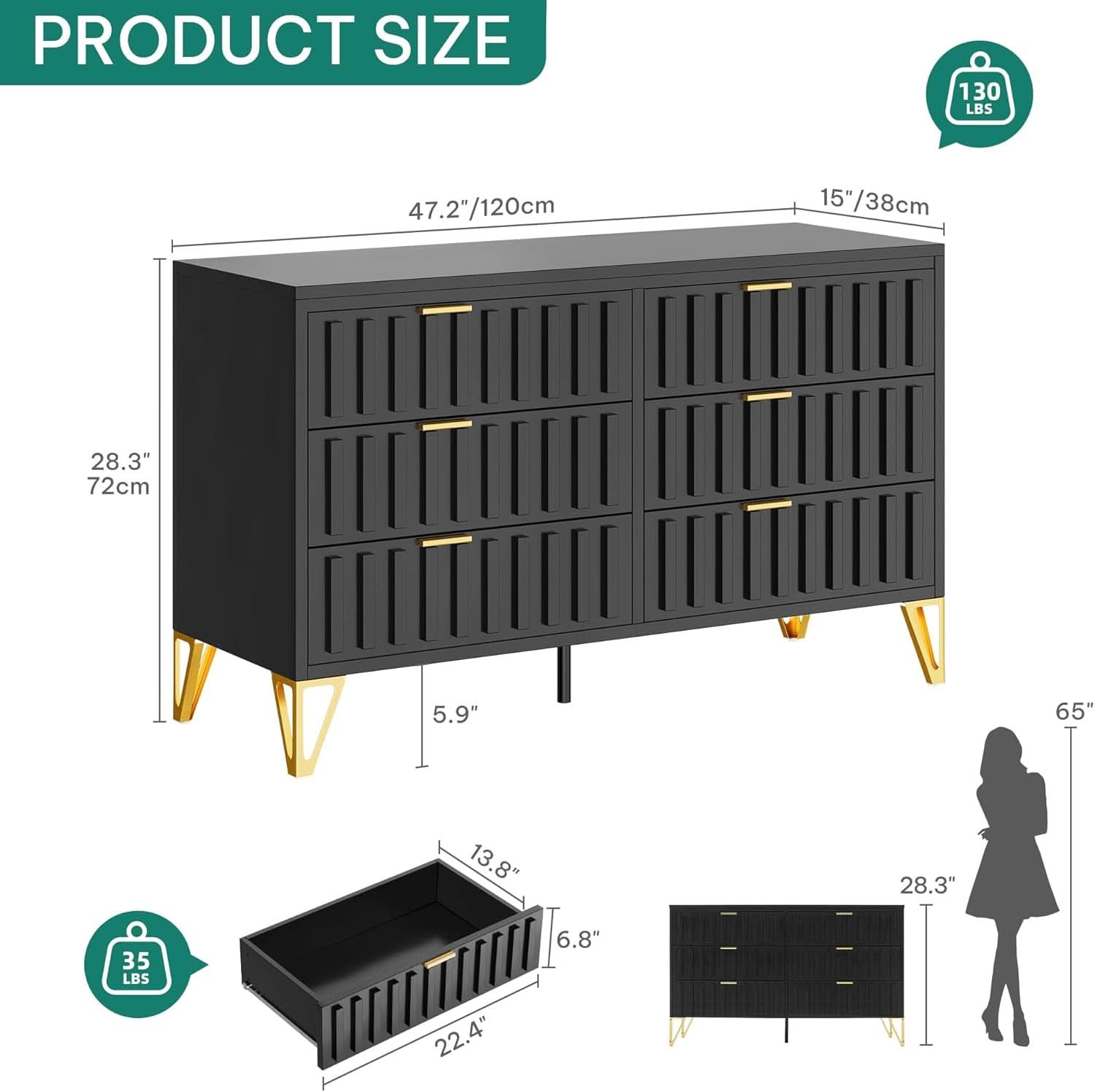 Fluted Stainlesssteel Dresser Six Drawer Black Mattefinish