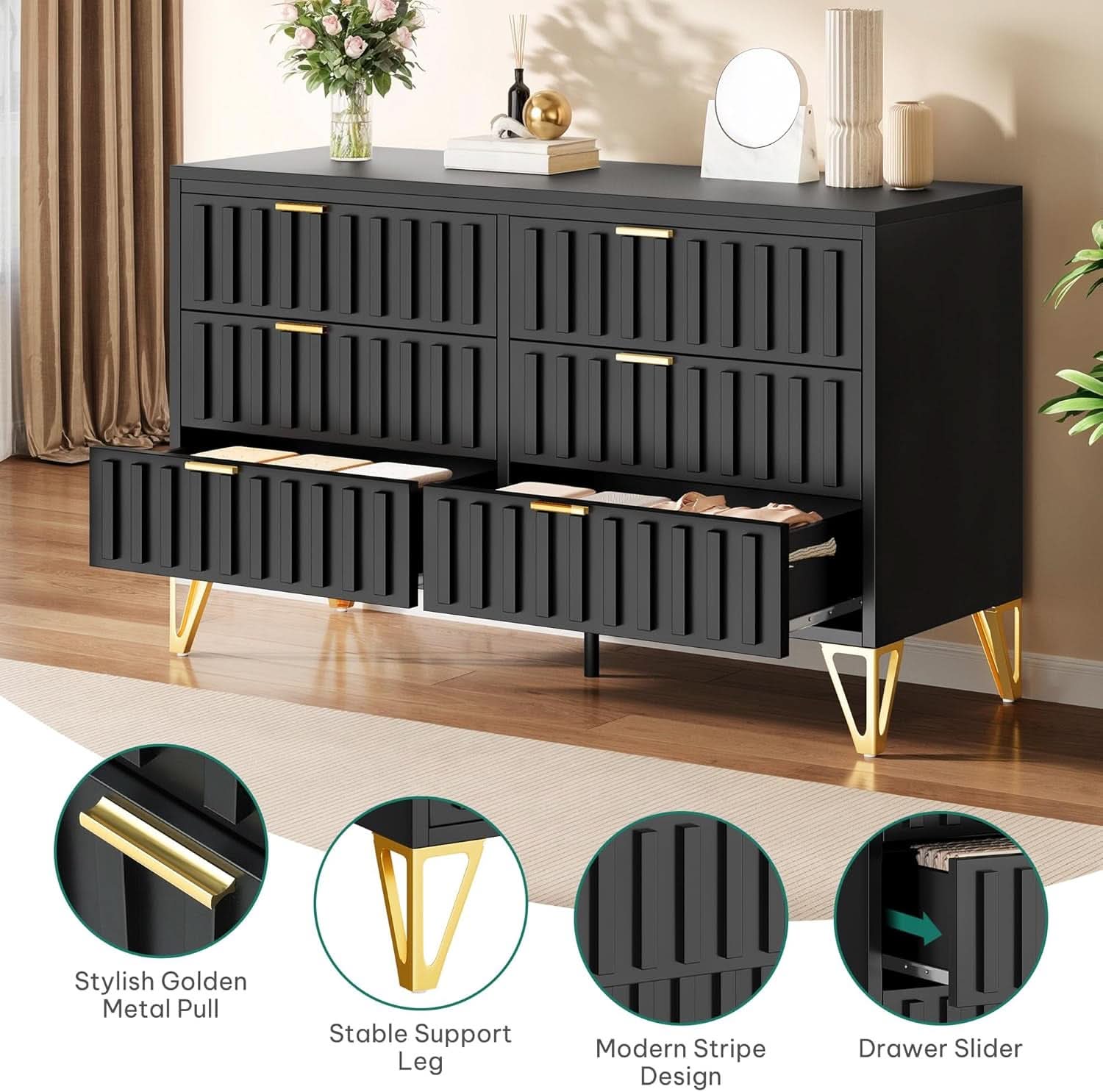 Fluted Stainlesssteel Dresser Six Drawer Black Mattefinish