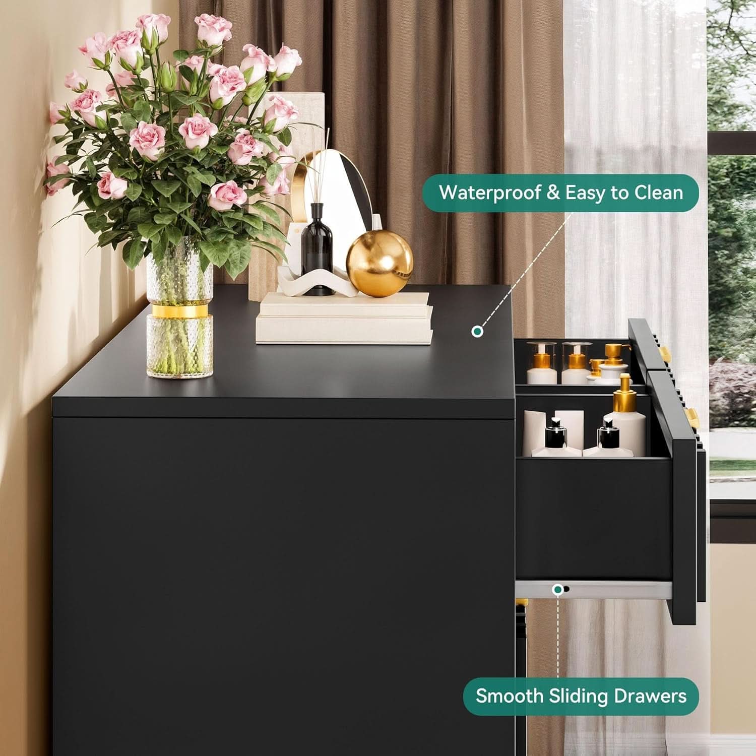 Fluted Stainlesssteel Dresser Six Drawer Black Mattefinish