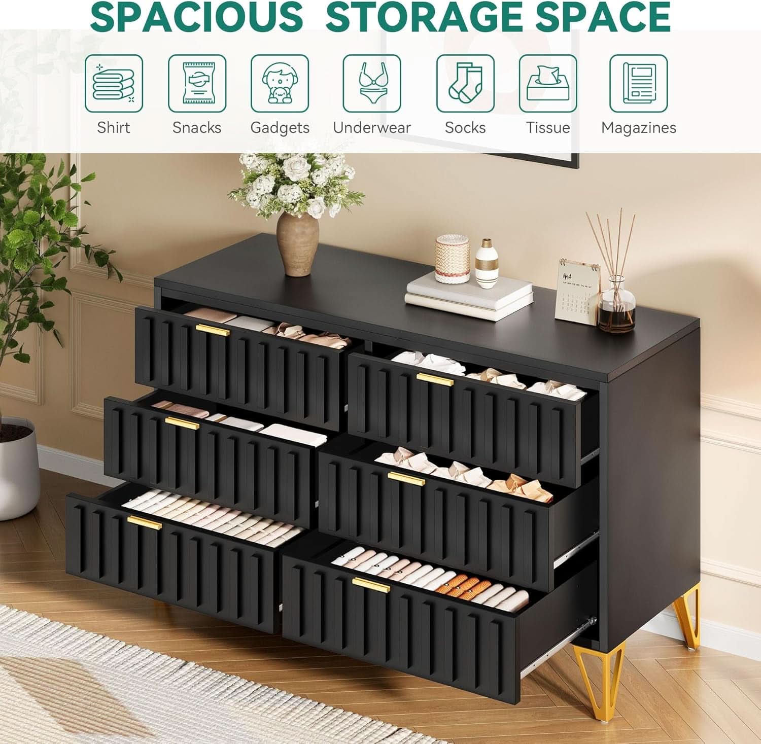 Fluted Stainlesssteel Dresser Six Drawer Black Mattefinish