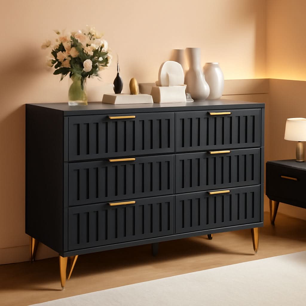 Fluted Stainlesssteel Dresser Six Drawer Black Mattefinish