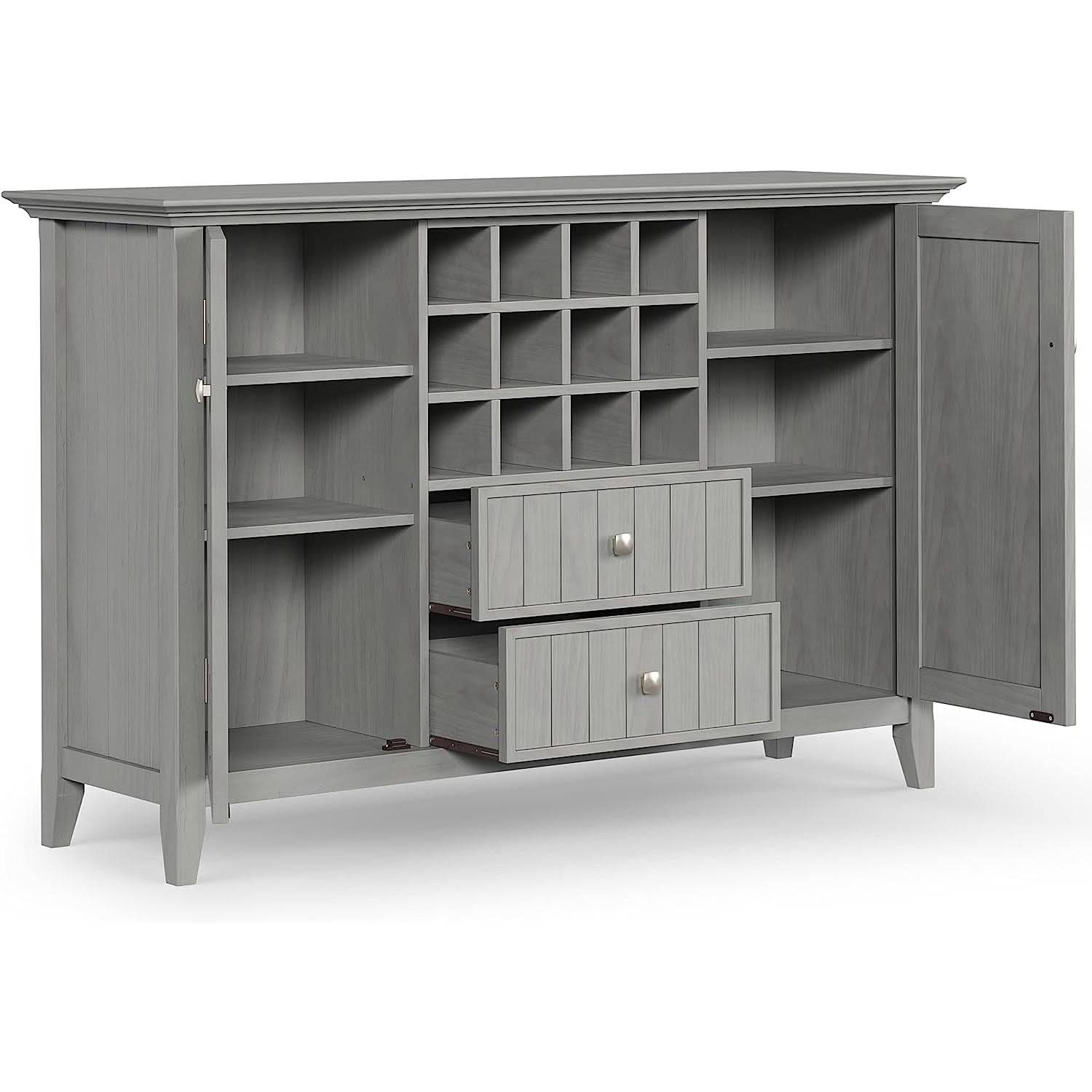 Fog Grey Solid Wood Transitional Sideboard Buffet With Built In Wine Rack